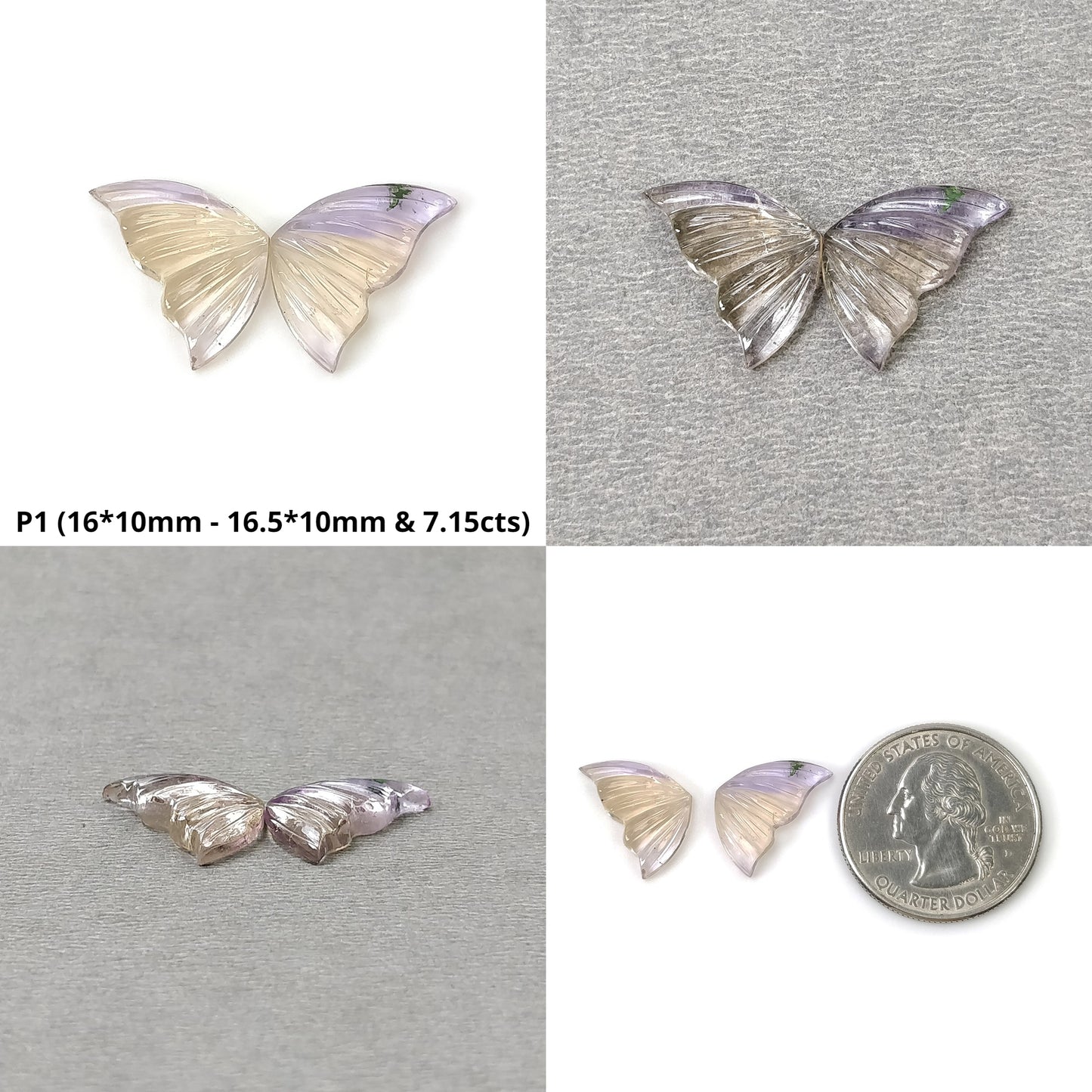 AMETRINE Gemstone Carving : Natural Untreated Unheated Purple Yellow Ametrine Hand Carved Butterfly Pair