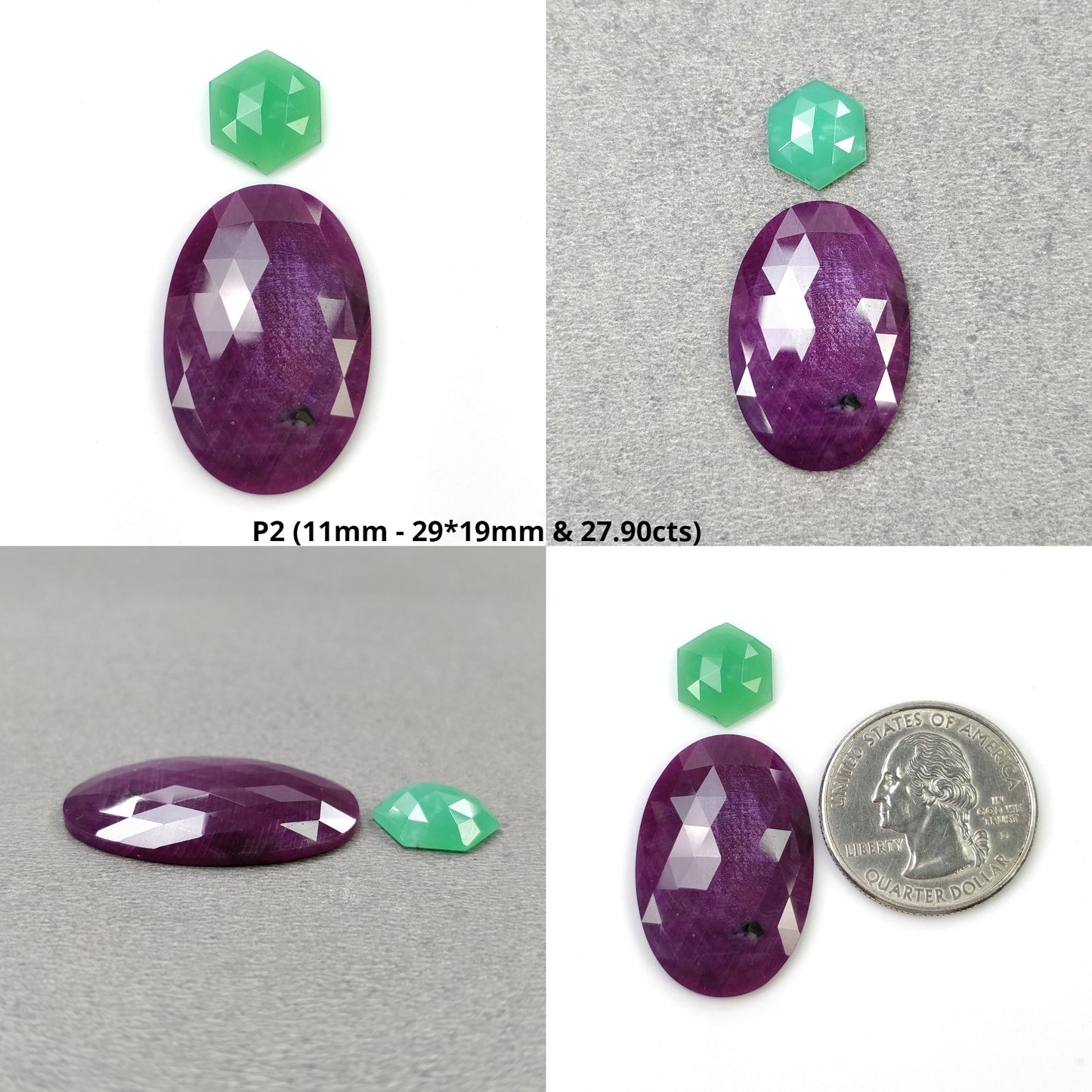 RED RUBY & CHRYSOPRASE Gemstone Rose Cut : Natural Untreated Unheated Ruby Round Egg Hexagon Shape 2pcs