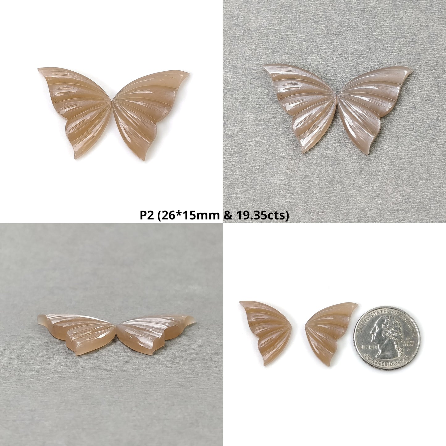 PEACH MOONSTONE Gemstone Carving : Natural Untreated Unheated Moonstone Hand Carved BUTTERFLY Pair