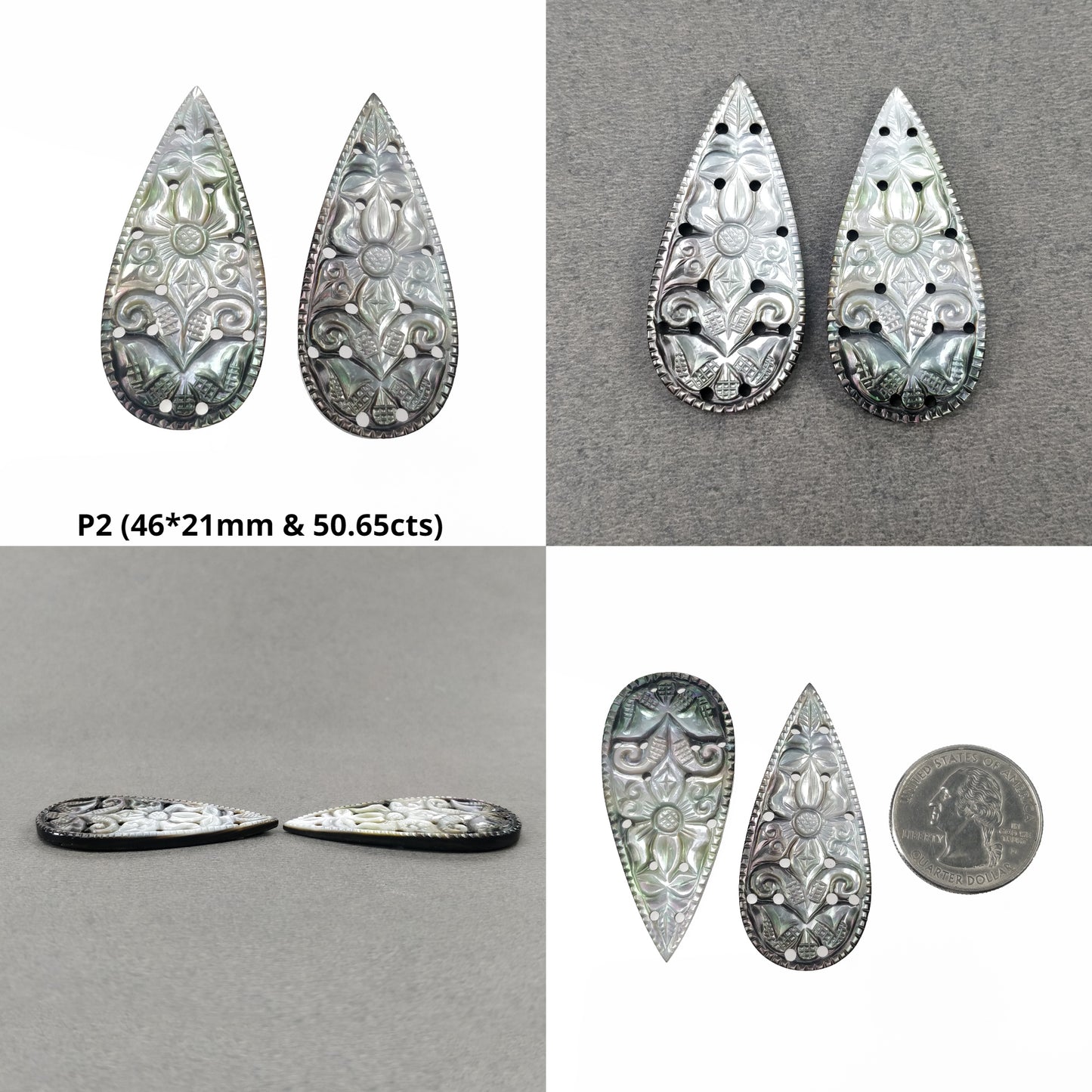 MOTHER OF PEARL Gemstone Carving : Natural Untreated Black Mop Hand Carved Pear Shape Pairs