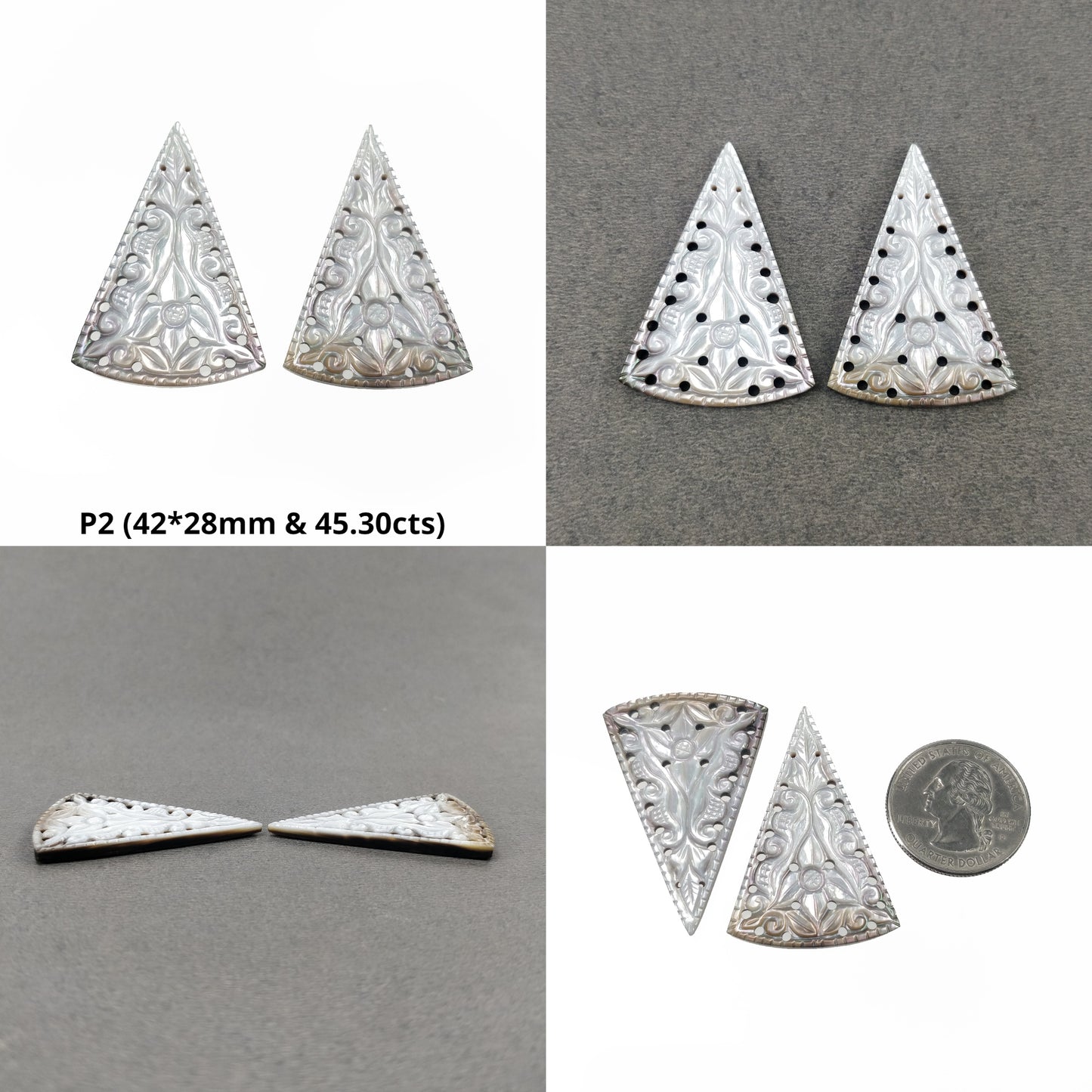 MOTHER OF PEARL Gemstone Carving : Natural Untreated Black Mop Hand Carved Triangle Shape Pairs