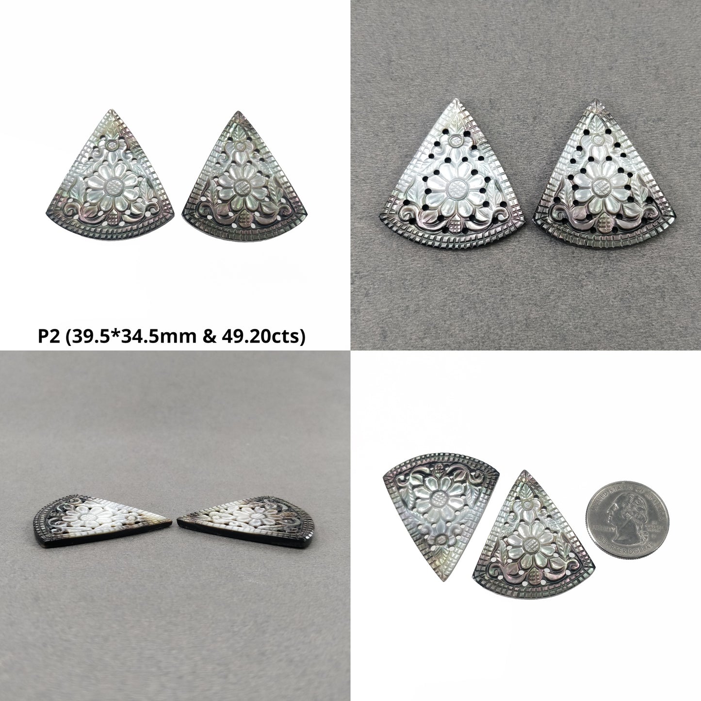 MOTHER OF PEARL Gemstone Carving : Natural Untreated Black Mop Hand Carved Triangle Shape Pairs