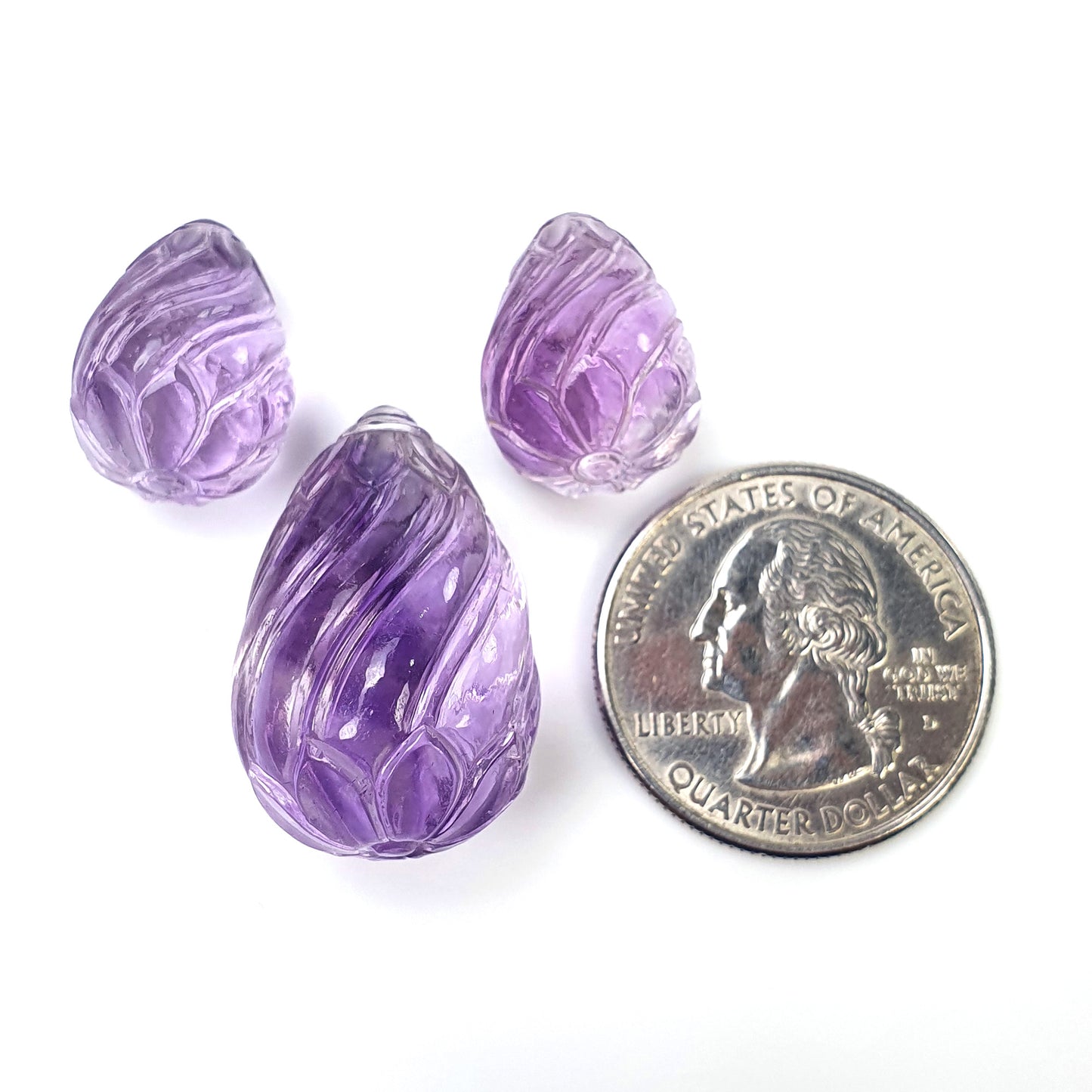 Purple AMETHYST Gemstone Carving : 84.50cts Natural Untreated Amethyst Hand Carved Tear Drops 18mm - 26mm 3pcs (With Video)