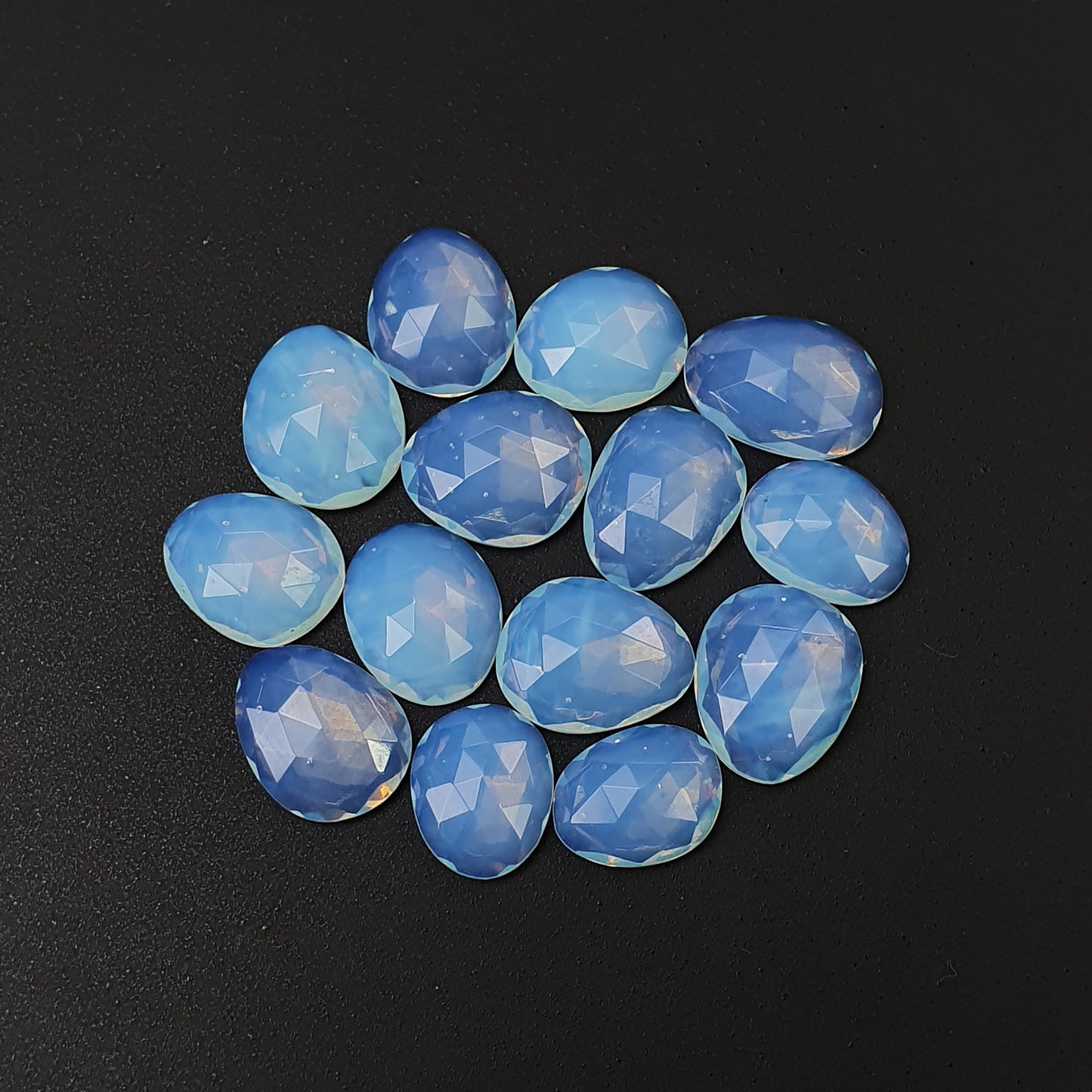 Synthetic OPALITE Gemstone Rose Cut : 48.95cts White Blue Opalite Uneven Shape 11.5*9.5mm - 14*10mm 14pcs