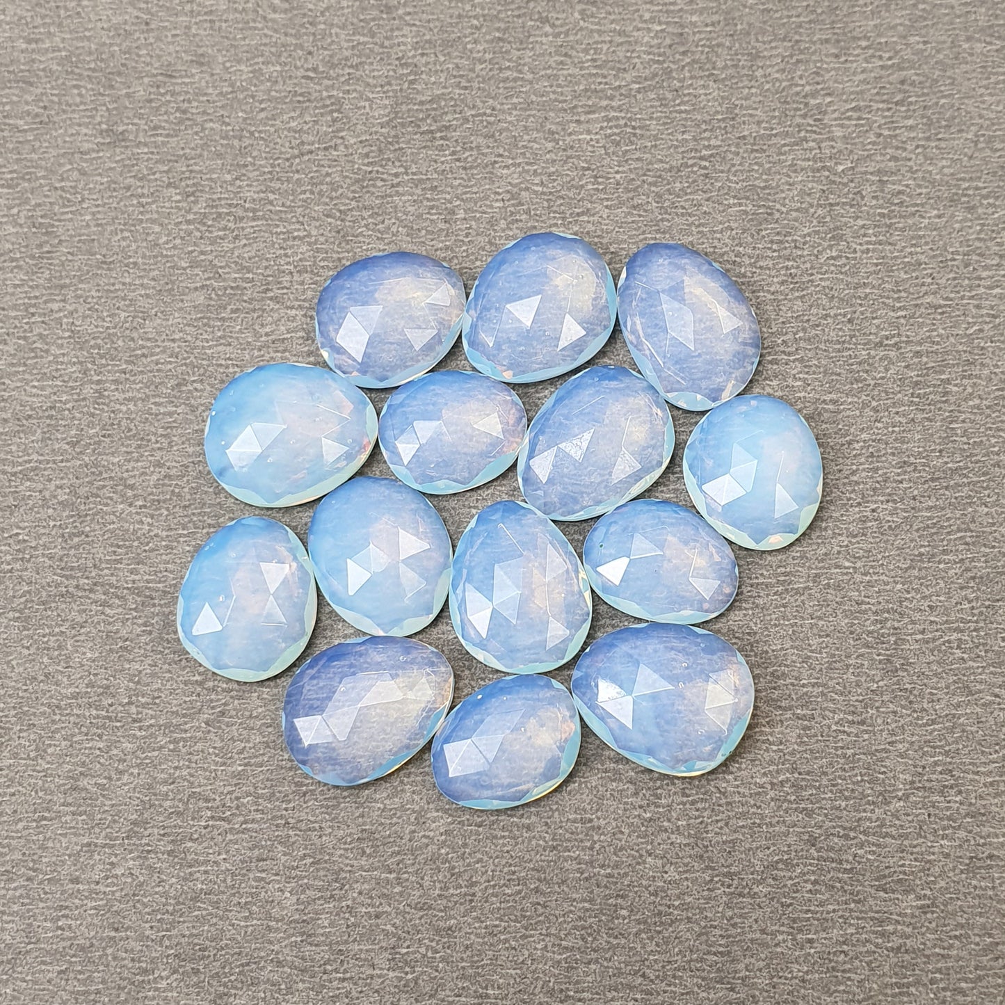 Synthetic OPALITE Gemstone Rose Cut : 48.95cts White Blue Opalite Uneven Shape 11.5*9.5mm - 14*10mm 14pcs