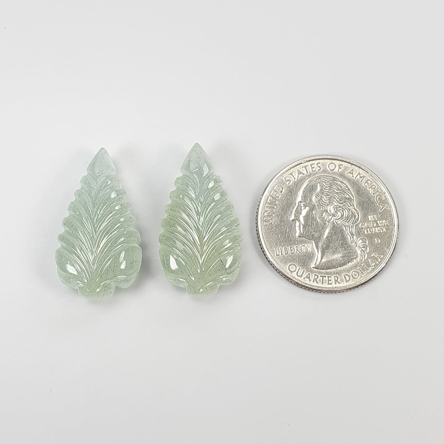 AQUAMARINE Gemstone Carving : 43.45cts Natural Untreated Milky Aqua Pear Shape Hand Carved Leaves Pair 27*14.5mm Pair