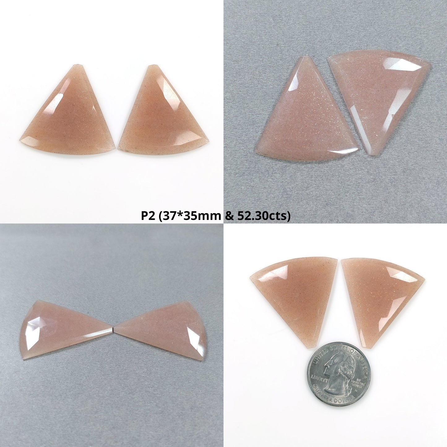 PEACH And BROWN MOONSTONE Gemstone Rose Cut : Natural Untreated Unheated Moonstone Uneven Triangle Shape Pair
