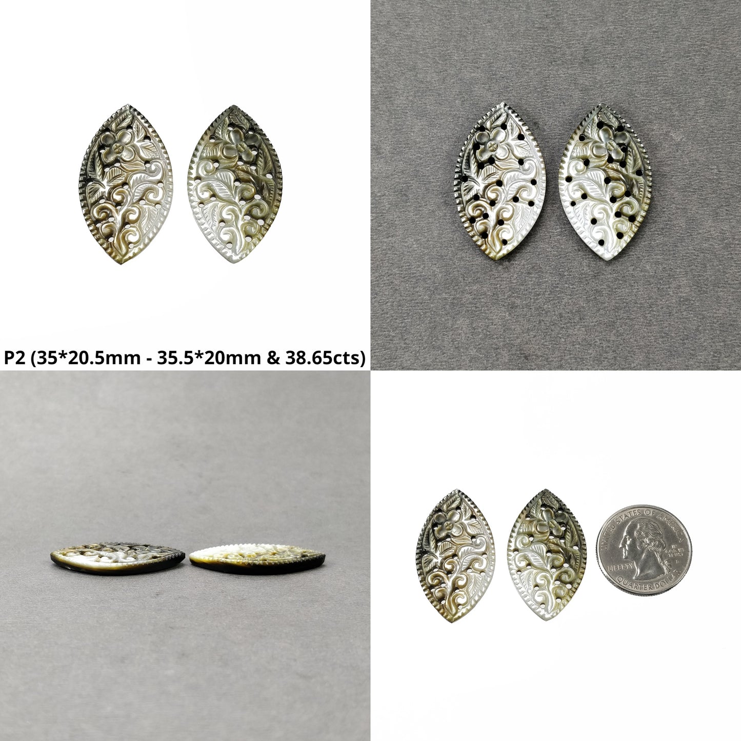 MOTHER OF PEARL Gemstone Carving : Natural Untreated Black Mop Hand Carved Oval Marquise Round Shape Pairs Sets