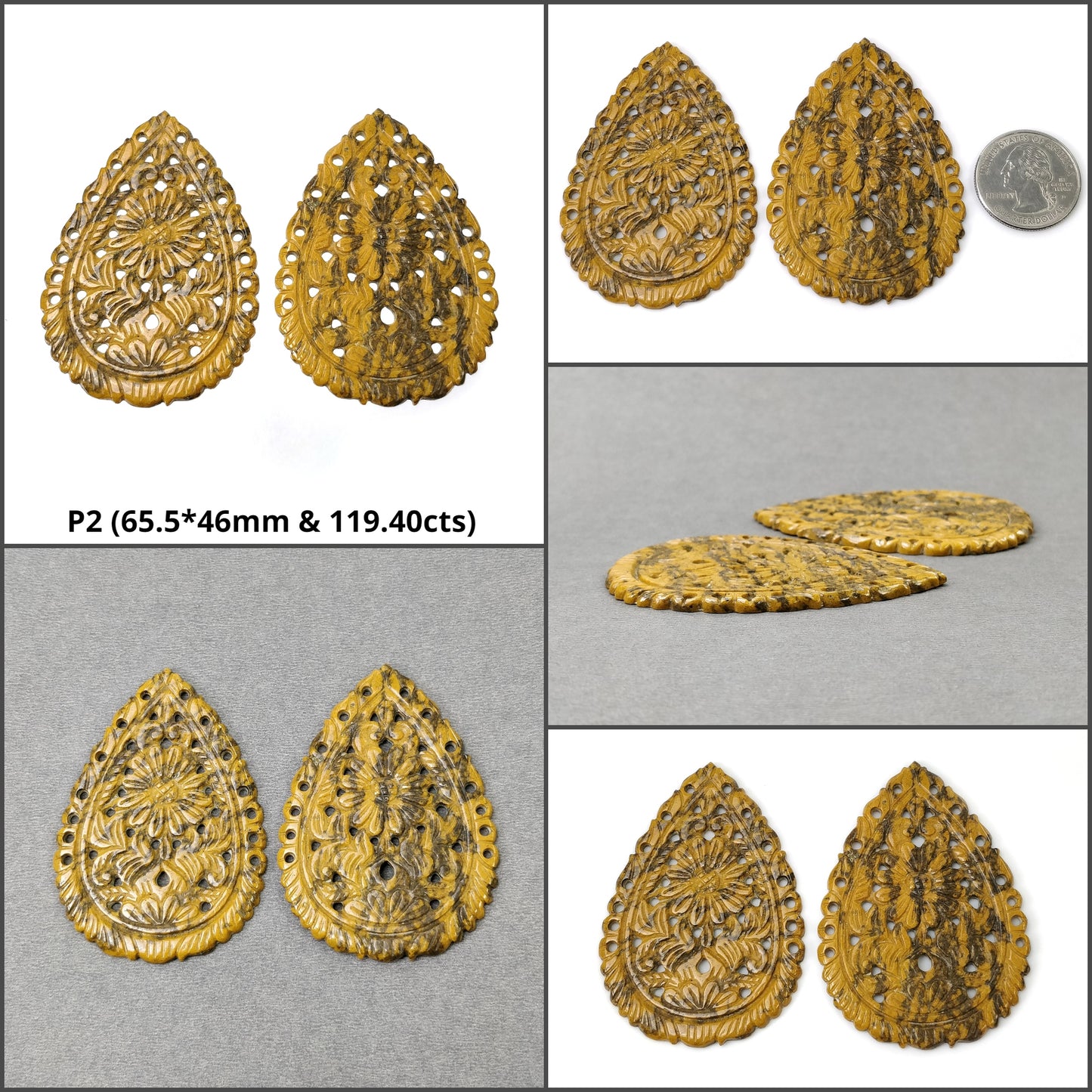 QUARTZ Gemstone Carving : Natural Untreated Multi Color Quartz Hand Carved Cushion Pear Shape Pair