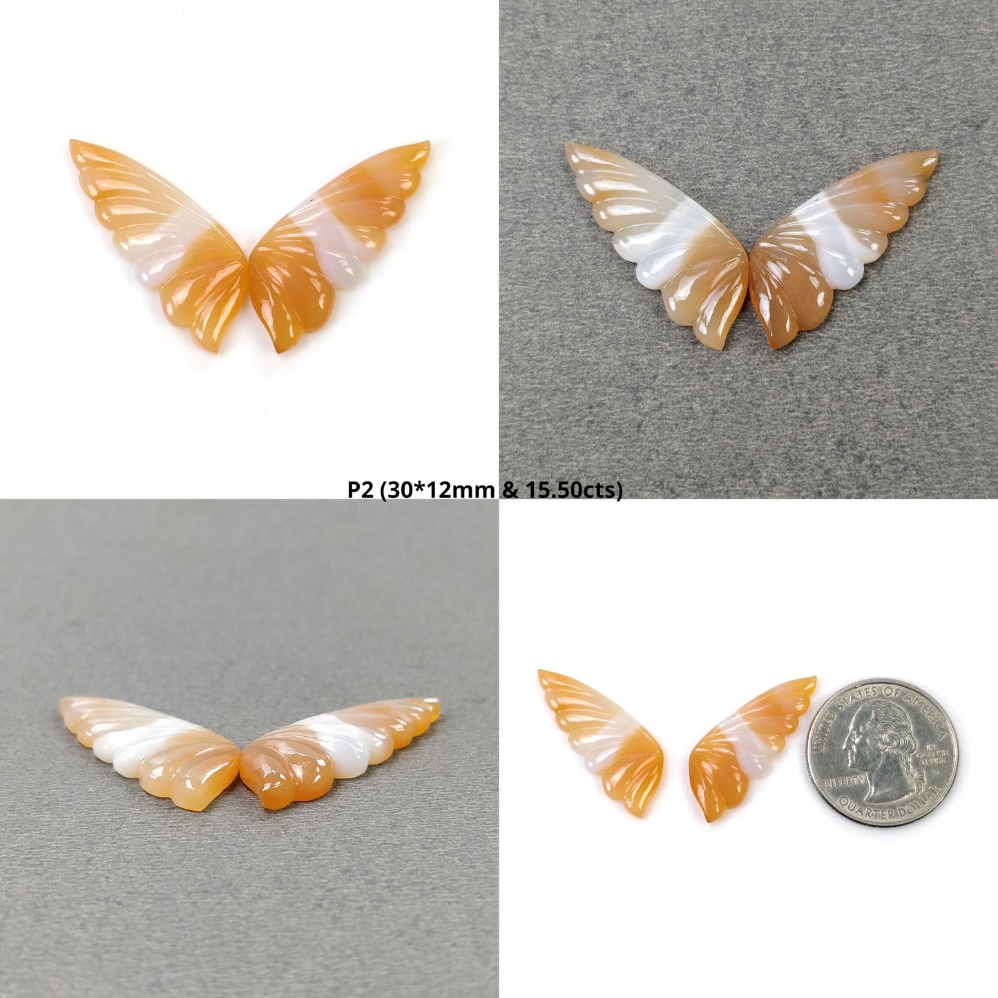 Botswana Striped AGATE Gemstone Carving : Natural Untreated Bi-Color Agate Hand Carved BUTTERFLY 29*12mm - 31*12mm Pair