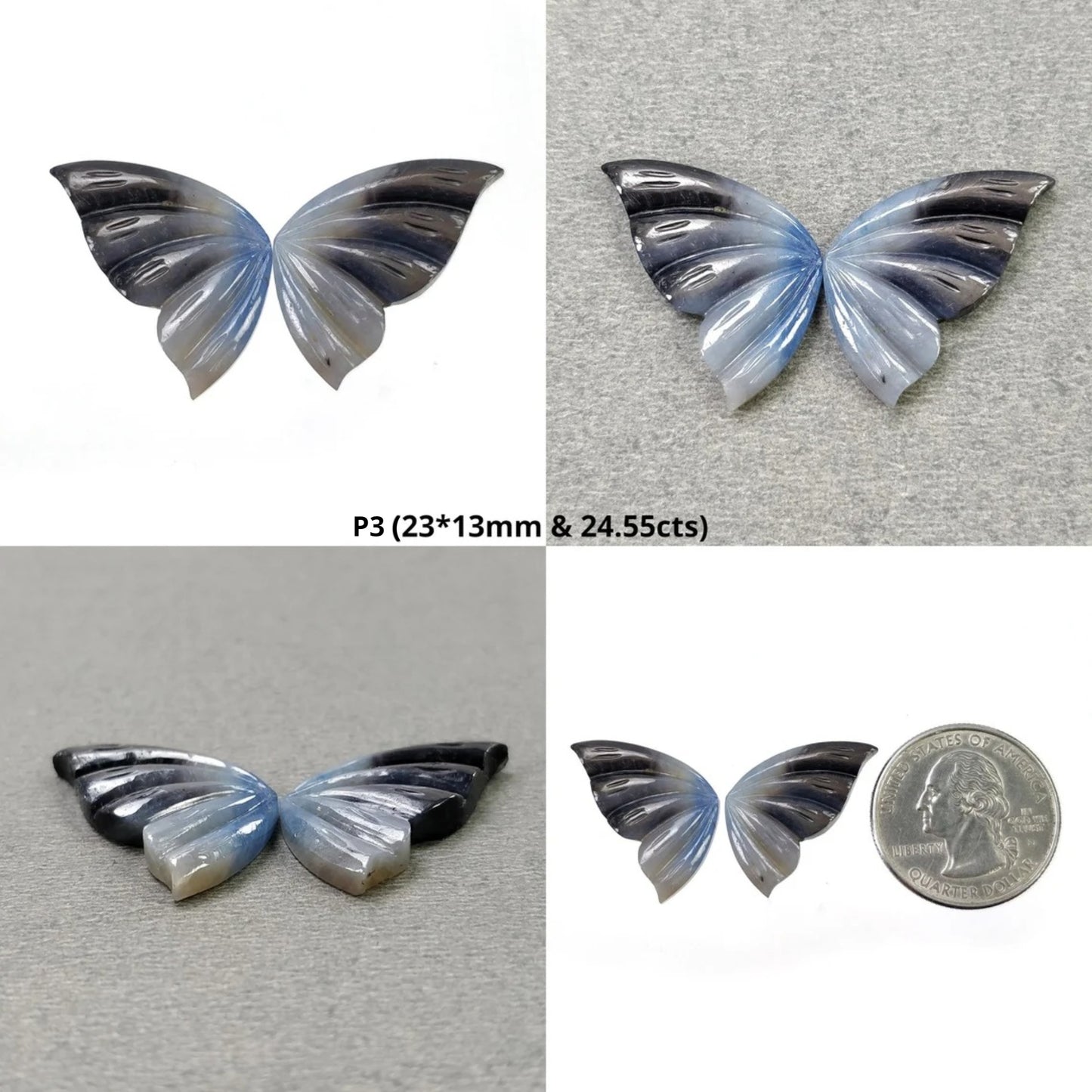 Sapphire Gemstone Carving : Natural Untreated Bi-Color Multi Sapphire Hand Carved Butterfly Pair