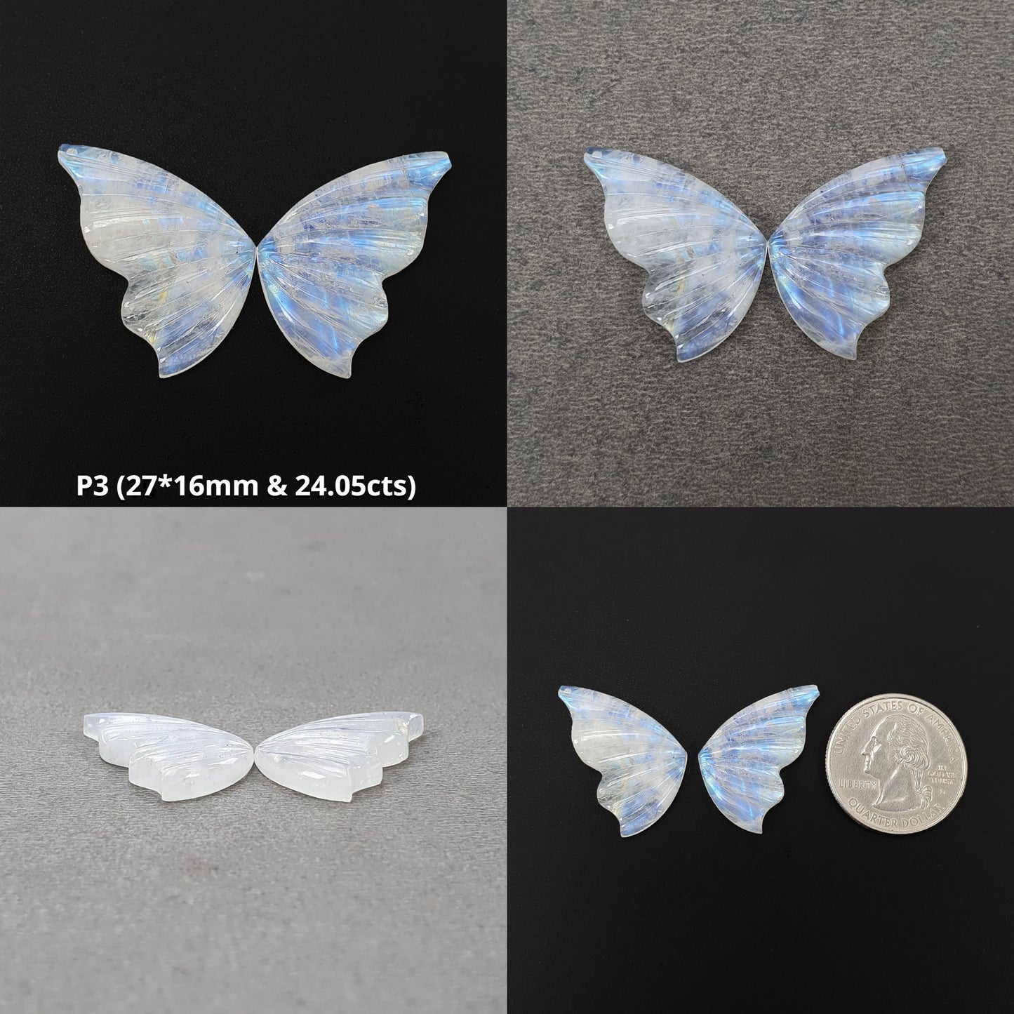 Moonstone Gemstone Carving : Natural Untreated Unheated Rainbow Moonstone Hand Carved BUTTERFLY Pair