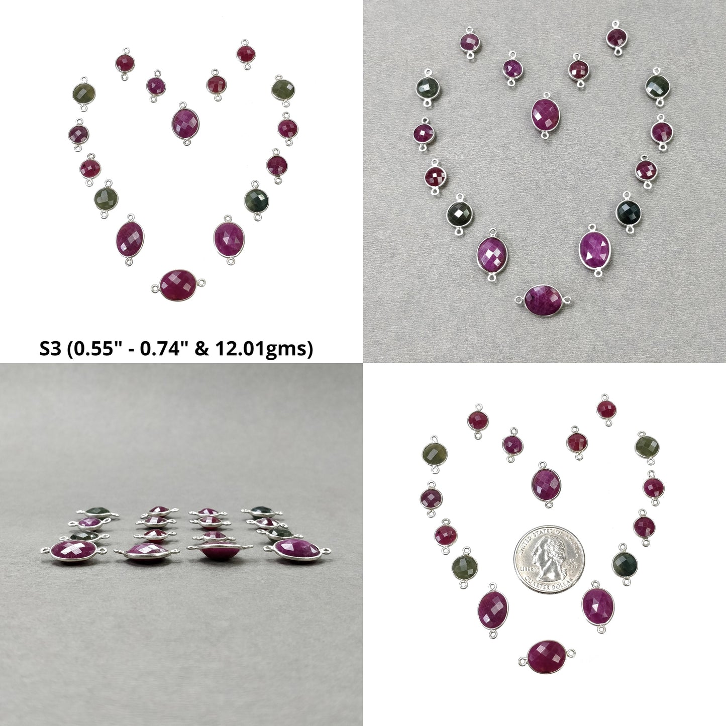 RUBY And MULTI SAPPHIRE Gemstone Connector : 925 Sterling Silver Natural Untreated Ruby Connector Cushion Briolette Checker Cut For Jewelry