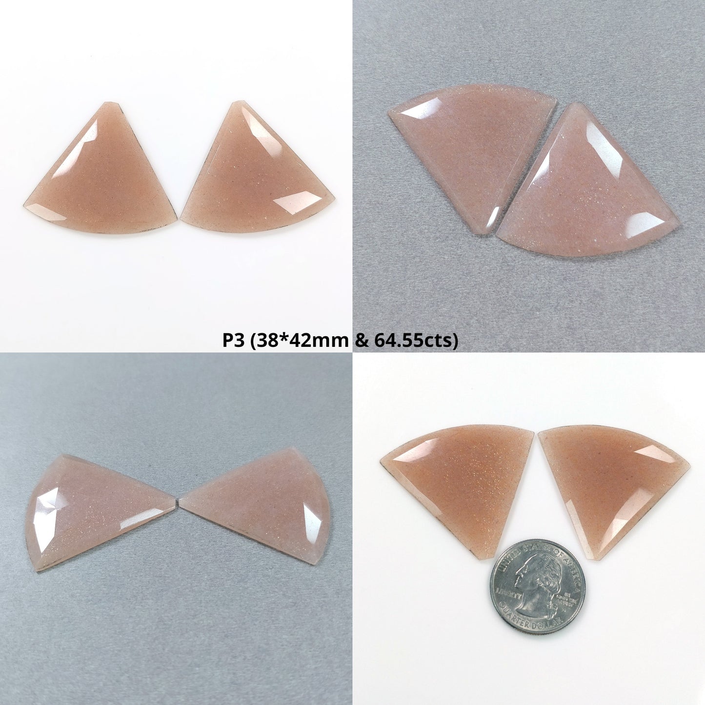 PEACH And BROWN MOONSTONE Gemstone Rose Cut : Natural Untreated Unheated Moonstone Uneven Triangle Shape Pair