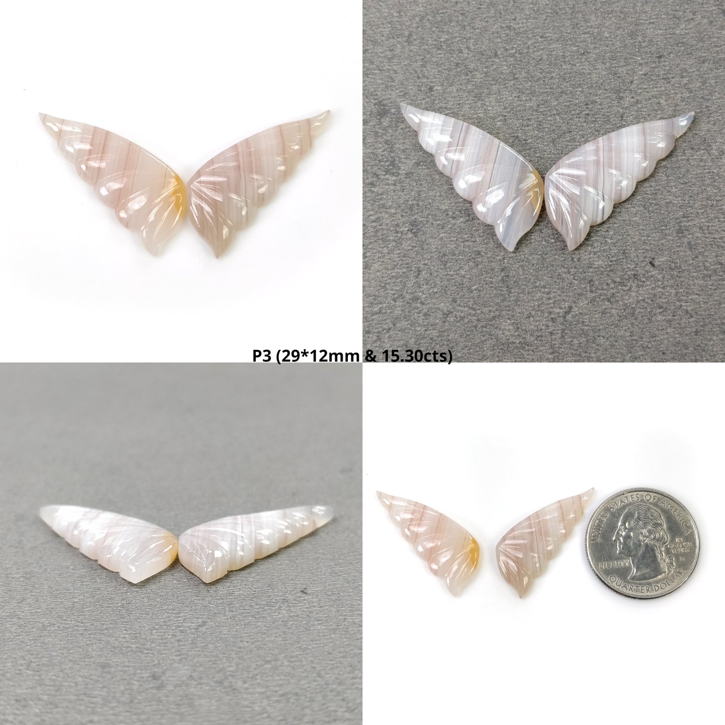 Botswana Striped AGATE Gemstone Carving : Natural Untreated Bi-Color Agate Hand Carved BUTTERFLY 29*12mm - 31*12mm Pair