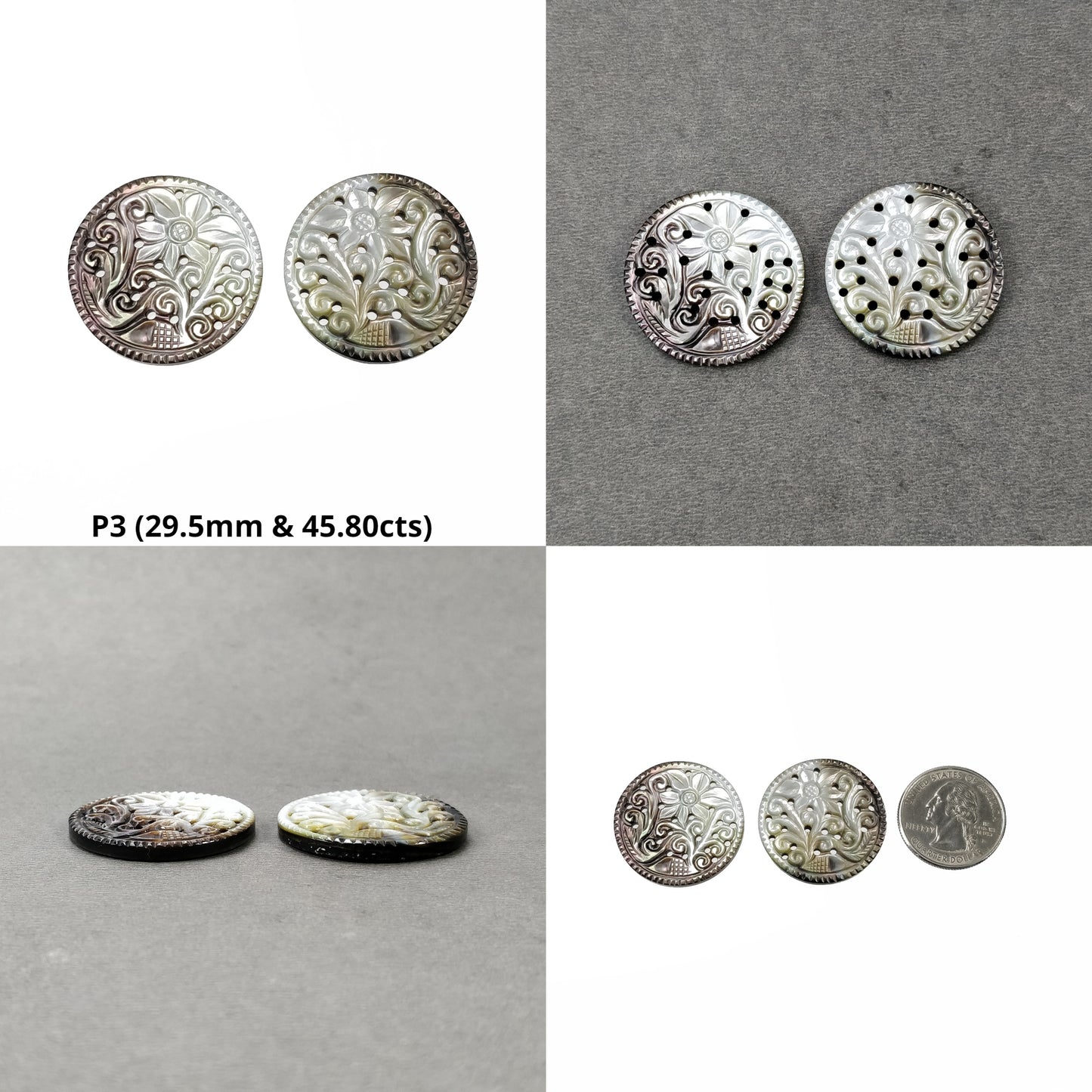 MOTHER OF PEARL Gemstone Carving : Natural Untreated Black Mop Hand Carved Oval Marquise Round Shape Pairs Sets