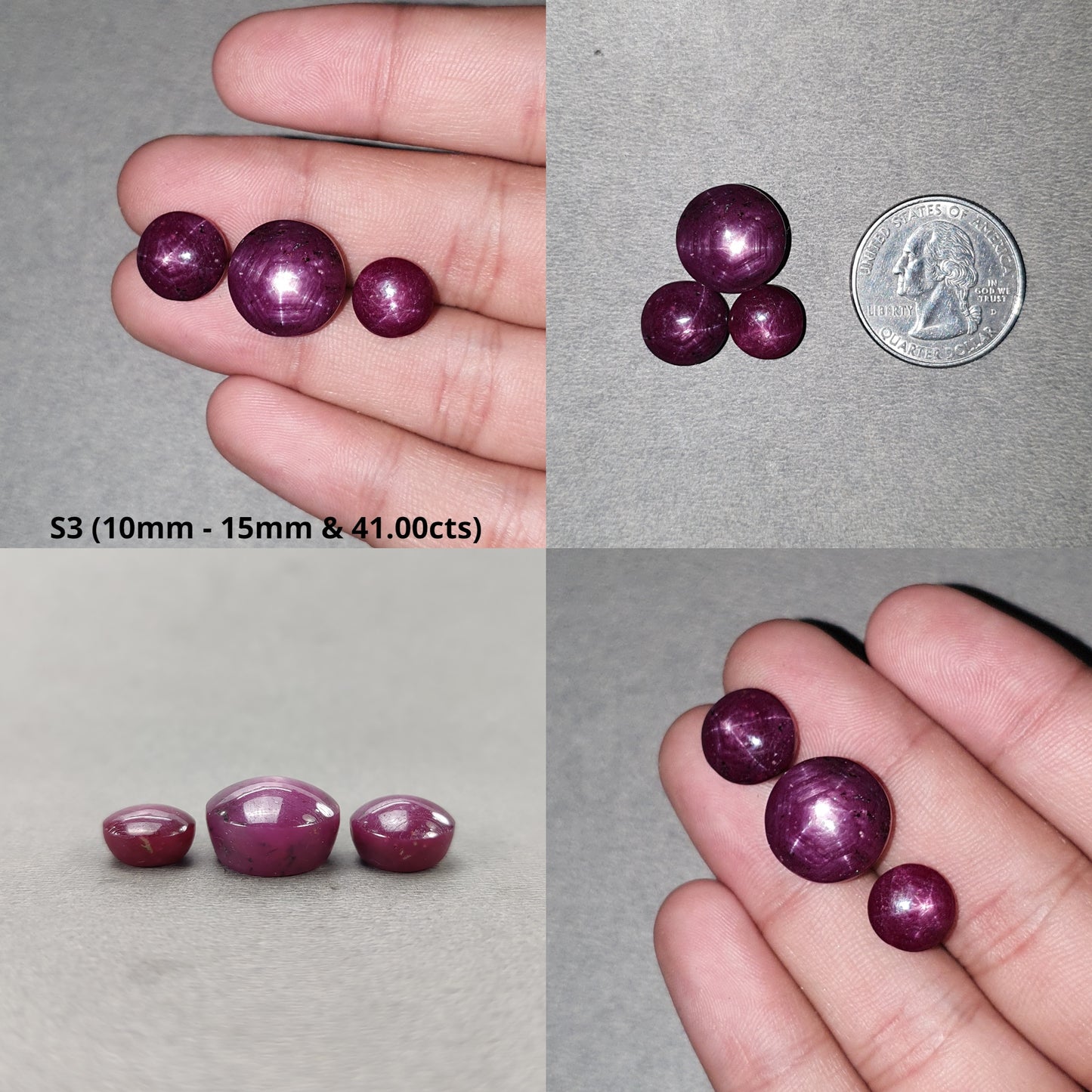 Star Ruby Gemstone Cabochon : Natural Untreated Unheated Red 6Ray Star Ruby Round Shape 3pcs Set
