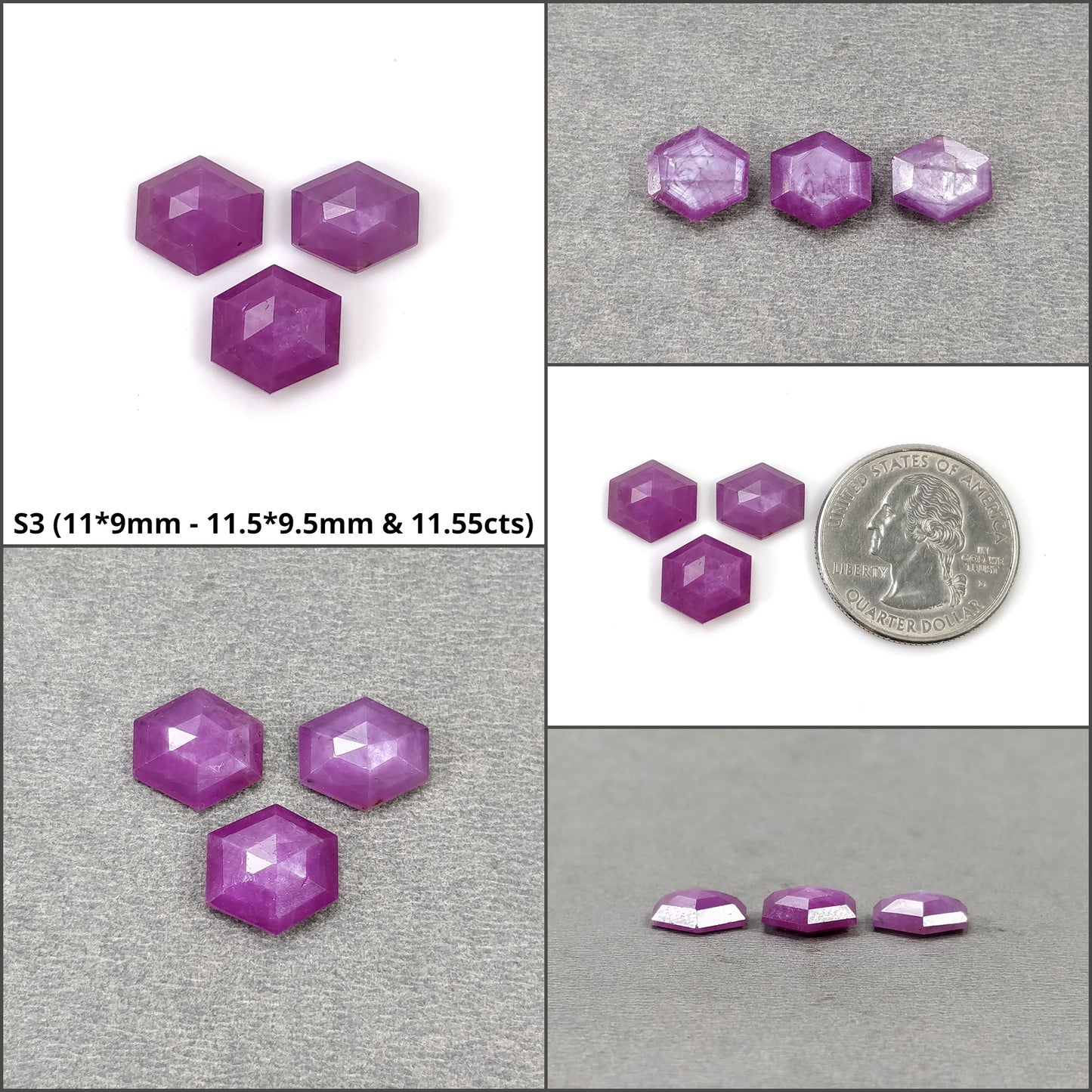 Sapphire Gemstone Step Cut : Natural Untreated Raspberry Pink Sheen Sapphire Hexagon Shape 3pcs Sets