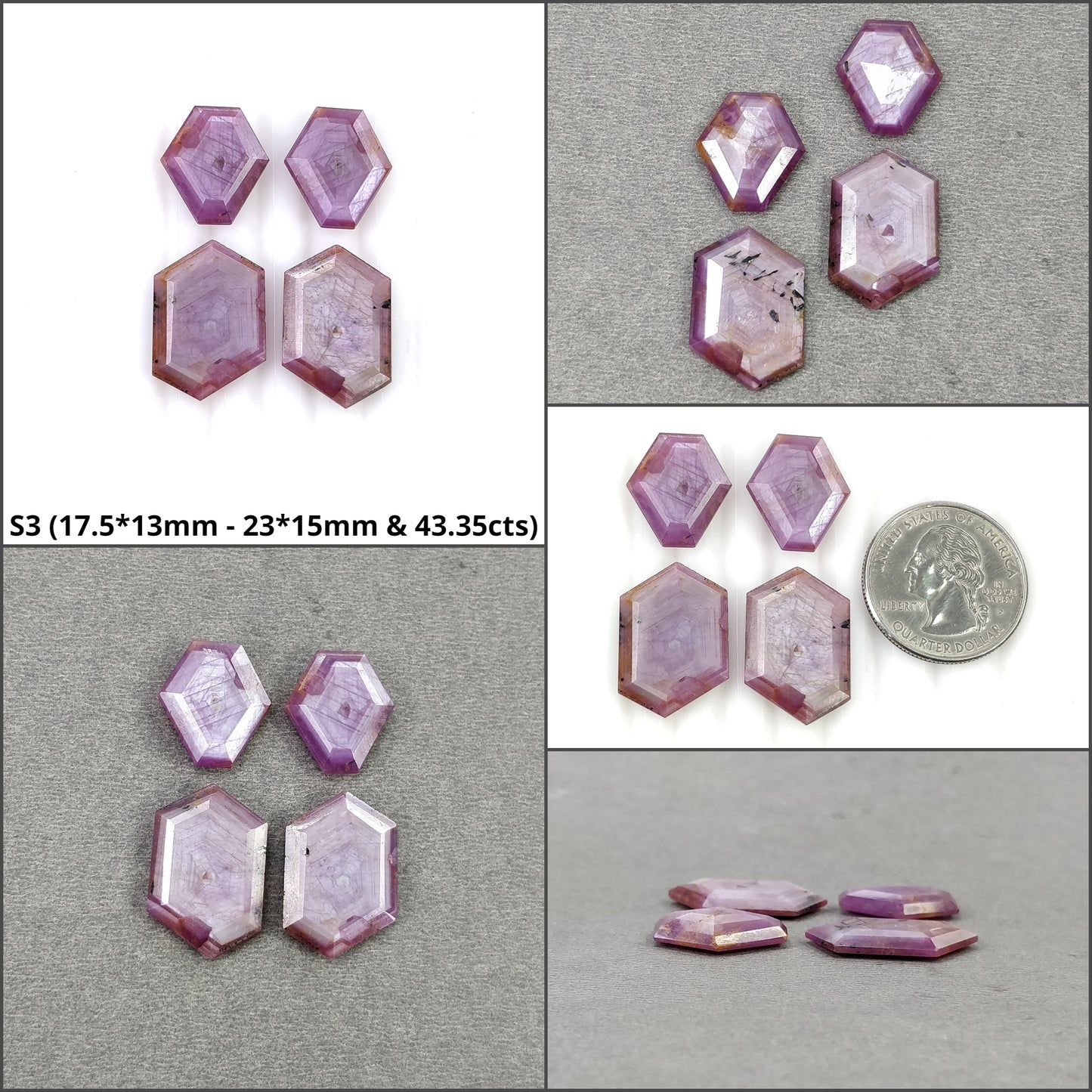 Sapphire Gemstone Flat Slices : Natural Untreated Rosemary Pink Sapphire Hexagon Shape 3pcs & 4pcs Sets