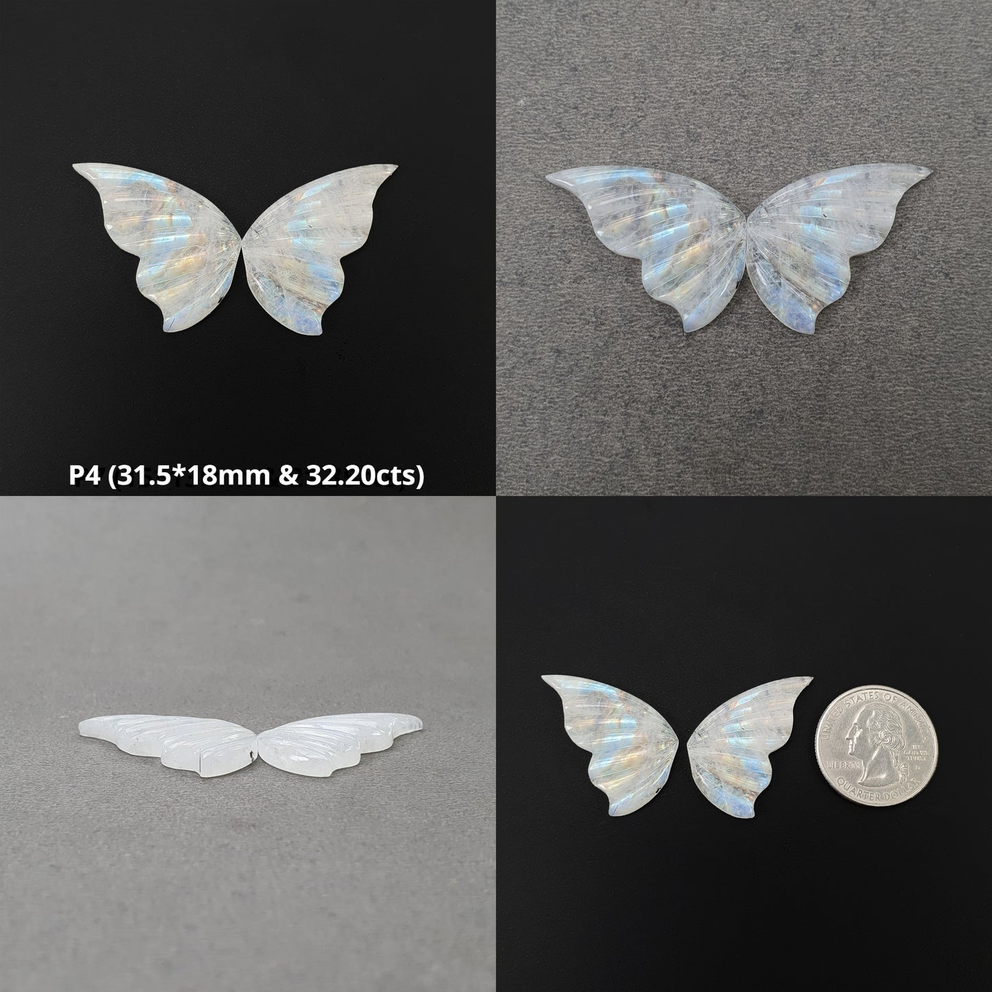 Moonstone Gemstone Carving : Natural Untreated Unheated Rainbow Moonstone Hand Carved BUTTERFLY Pair