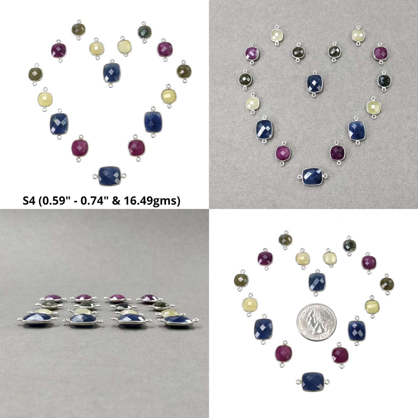 RUBY And MULTI SAPPHIRE Gemstone Connector : 925 Sterling Silver Natural Untreated Ruby Connector Cushion Briolette Checker Cut For Jewelry
