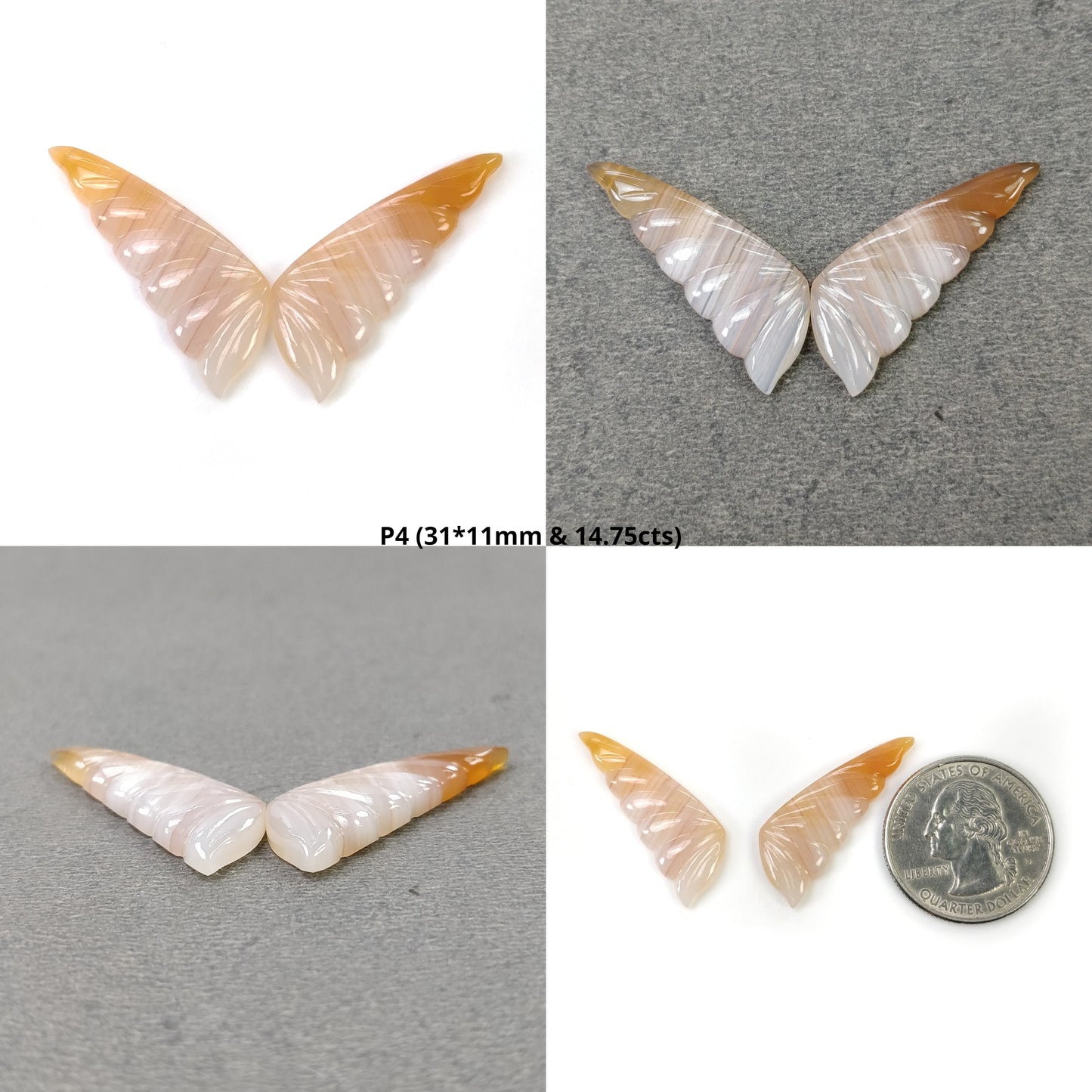 Botswana Striped AGATE Gemstone Carving : Natural Untreated Bi-Color Agate Hand Carved BUTTERFLY 29*12mm - 31*12mm Pair