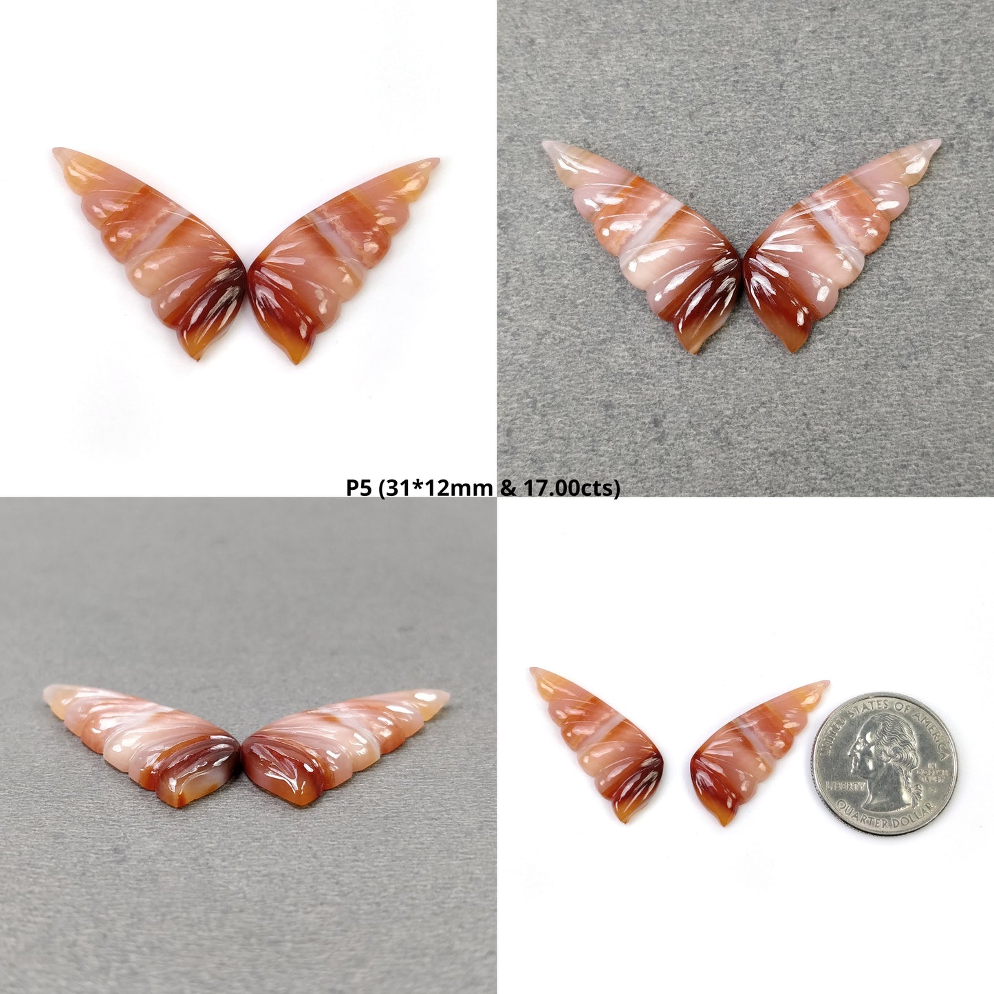 Botswana Striped AGATE Gemstone Carving : Natural Untreated Bi-Color Agate Hand Carved BUTTERFLY 29*12mm - 31*12mm Pair