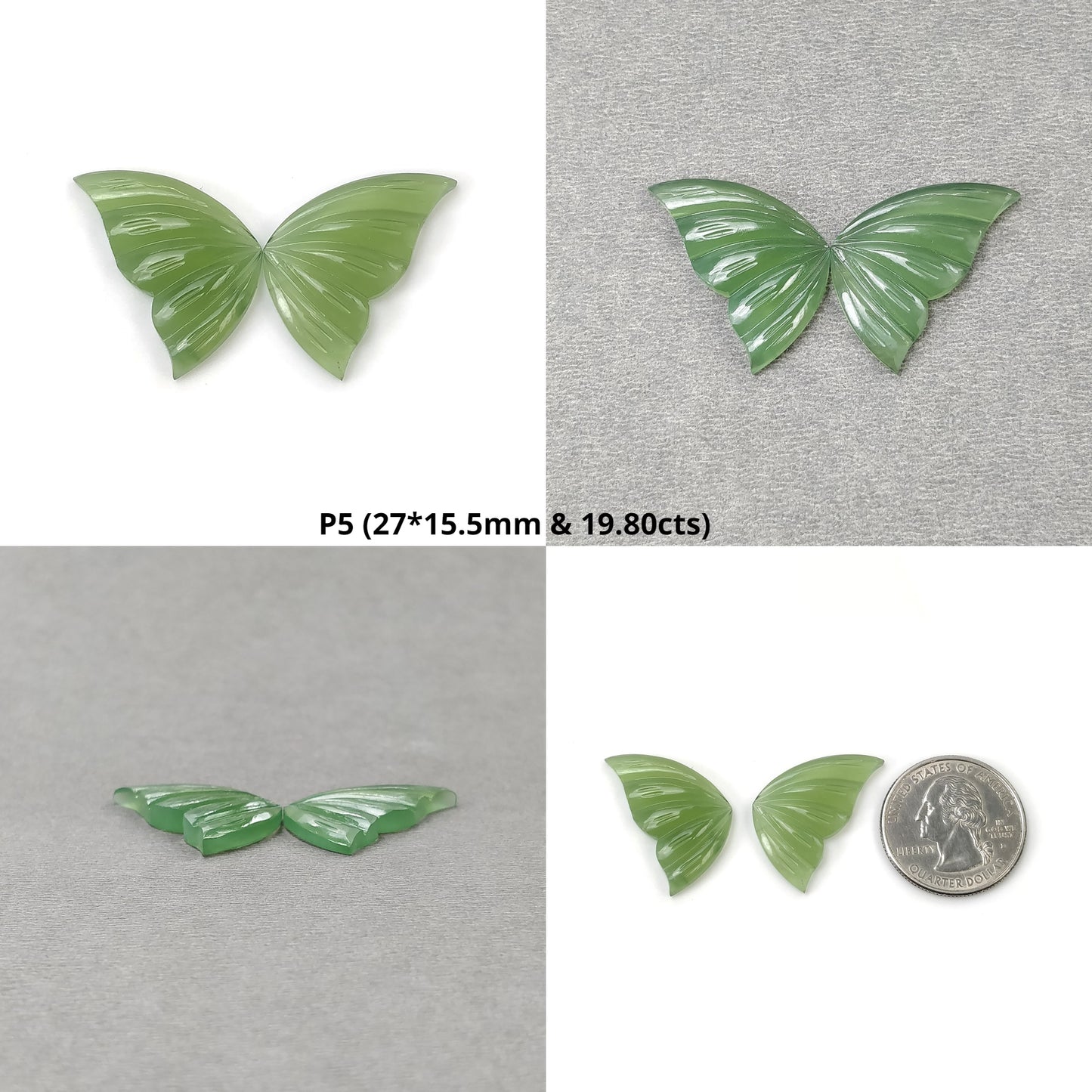 ANTIGORITE SERPENTINE Gemstone Carving : Natural Untreated Green Serpentine Hand Carved Butterfly Pair