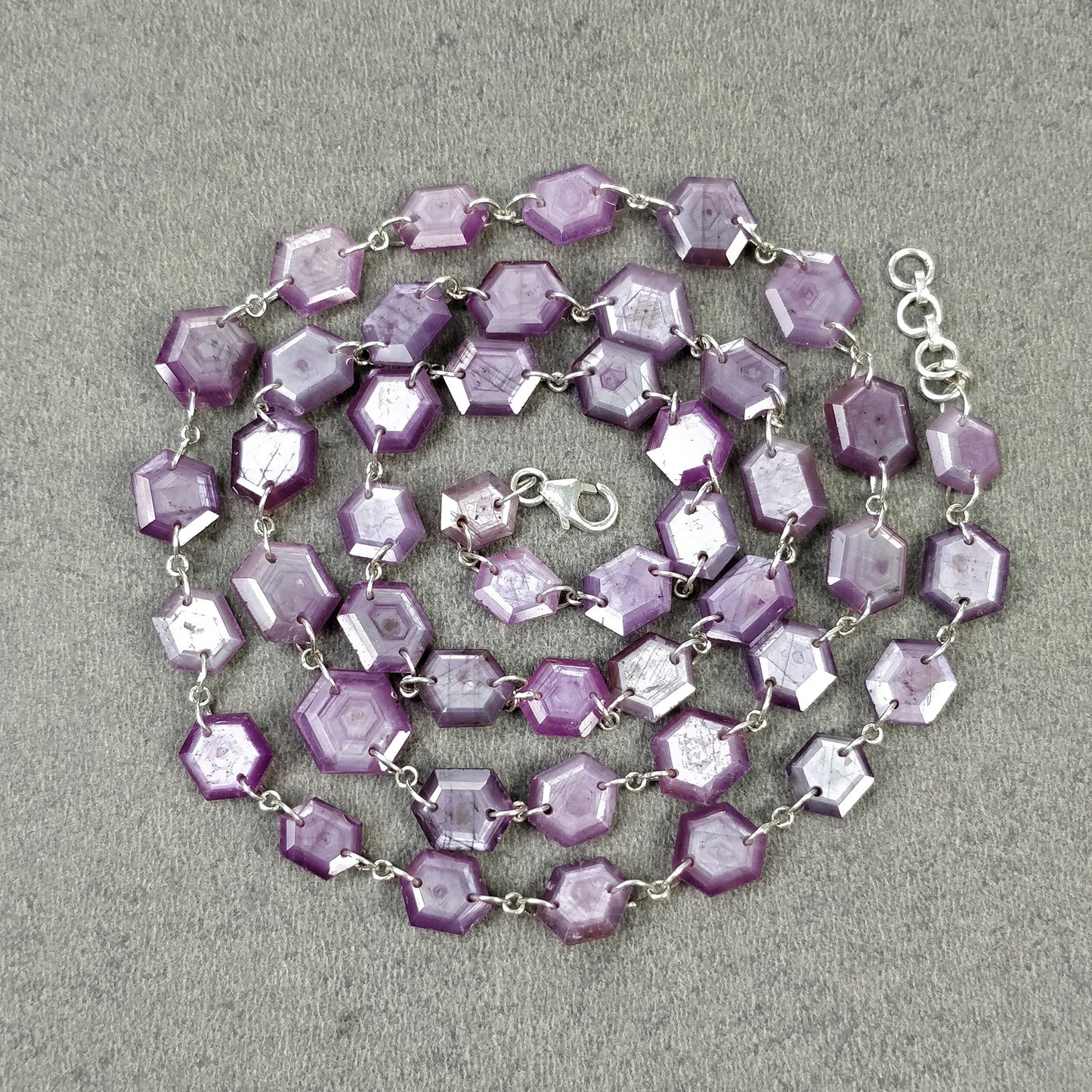 Raspberry Sheen SAPPHIRE Gemstone Normal Cut Necklace : 26.72gms Natural Sapphire Hexagon Faceted Necklace 6.5*8mm-11*10mm 23" (With Video)