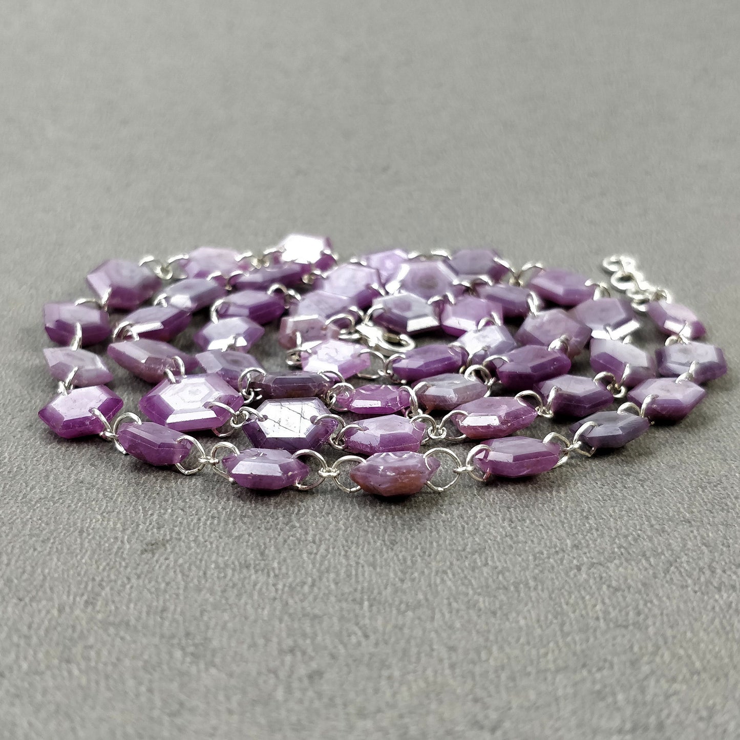 Raspberry Sheen SAPPHIRE Gemstone Normal Cut Necklace : 26.72gms Natural Sapphire Hexagon Faceted Necklace 6.5*8mm-11*10mm 23" (With Video)
