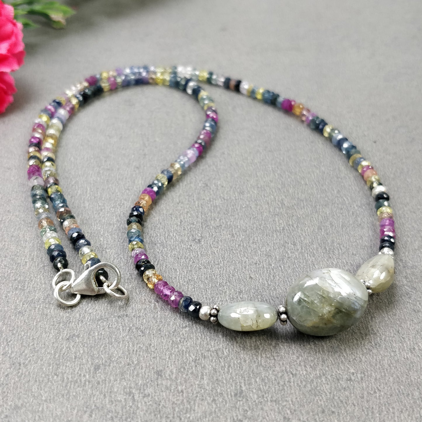 MULTI SAPPHIRE Beads Necklace : Natural Untreated Chrysoberyl Cat's Eye Gemstone Pendant Necklace 15" Women Beaded Necklace Pendant Gift (With Video)