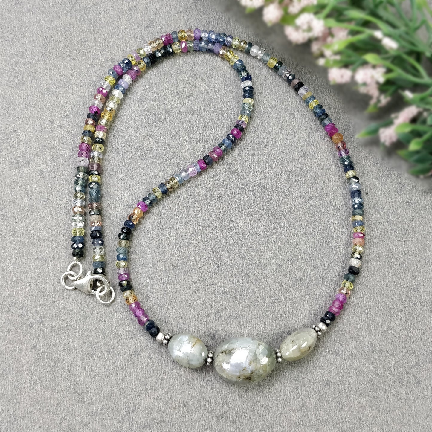 MULTI SAPPHIRE Beads Necklace : Natural Untreated Chrysoberyl Cat's Eye Gemstone Pendant Necklace 15" Women Beaded Necklace Pendant Gift (With Video)