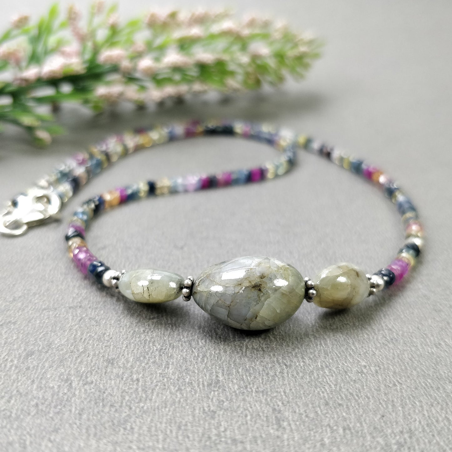 MULTI SAPPHIRE Beads Necklace : Natural Untreated Chrysoberyl Cat's Eye Gemstone Pendant Necklace 15" Women Beaded Necklace Pendant Gift (With Video)