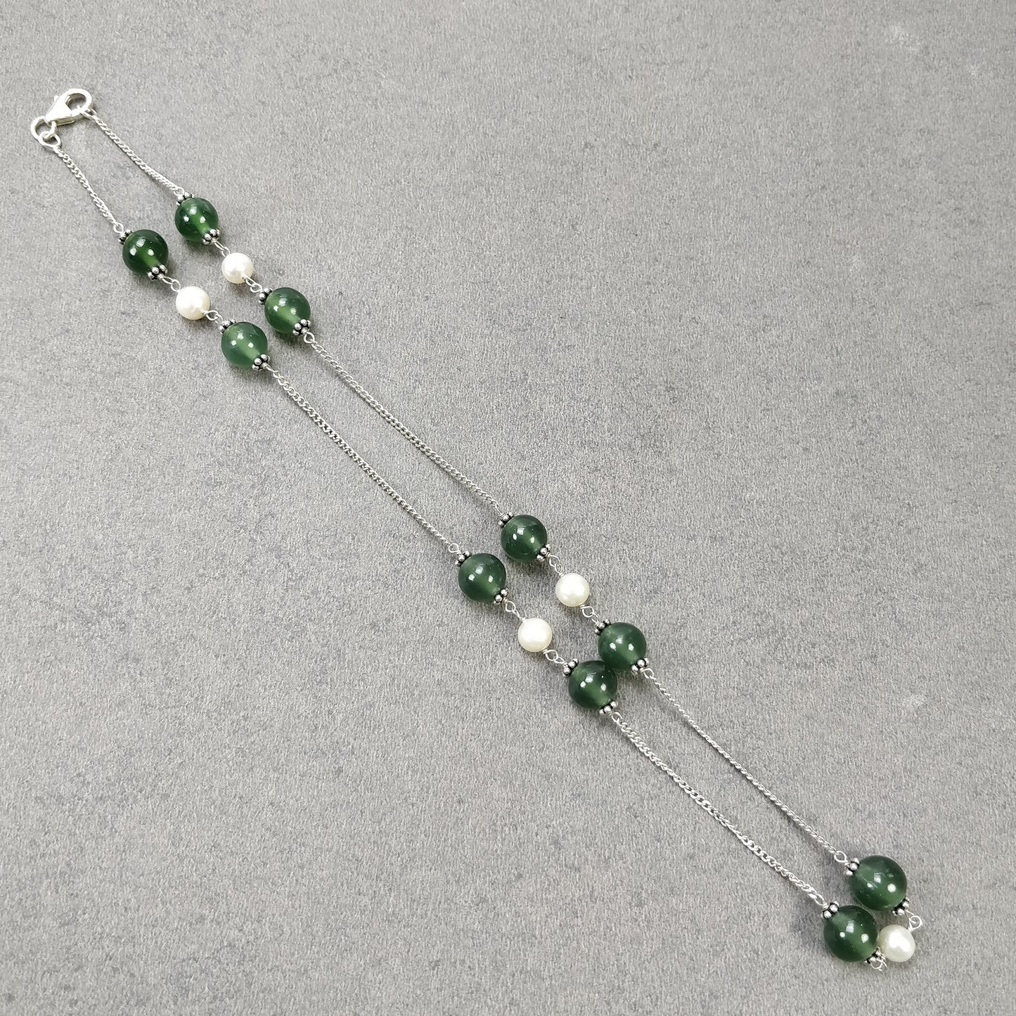 Green SERPENTINE & White PEARL Gemstones Beads Chain NECKLACE : 925 Sterling Silver Natural Round Cabochon 17" Statement Necklace