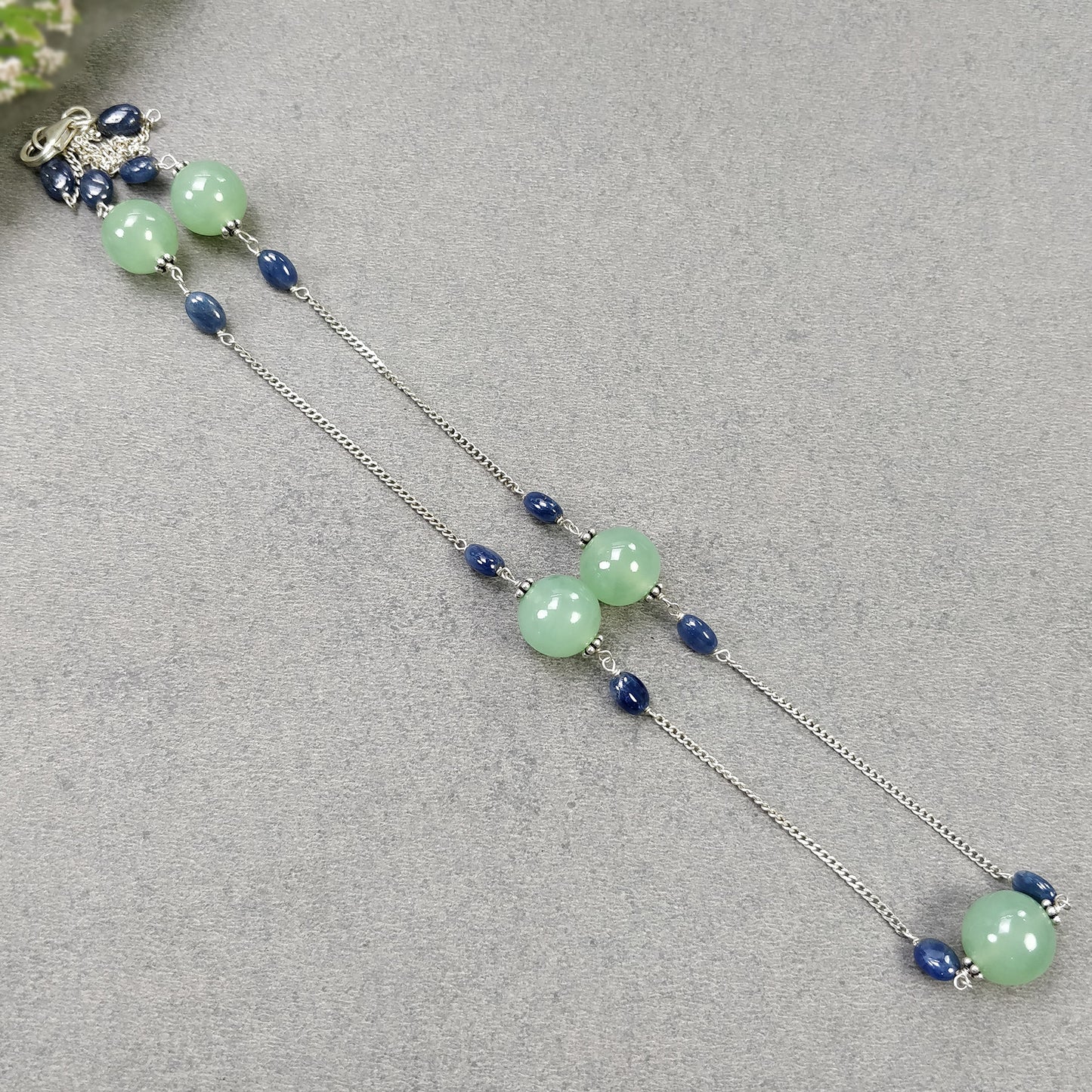 Green SERPENTINE & Blue SAPPHIRE Gemstones Beads Chain NECKLACE : 925 Sterling Silver Natural Round Cabochon 19" Statement Necklace