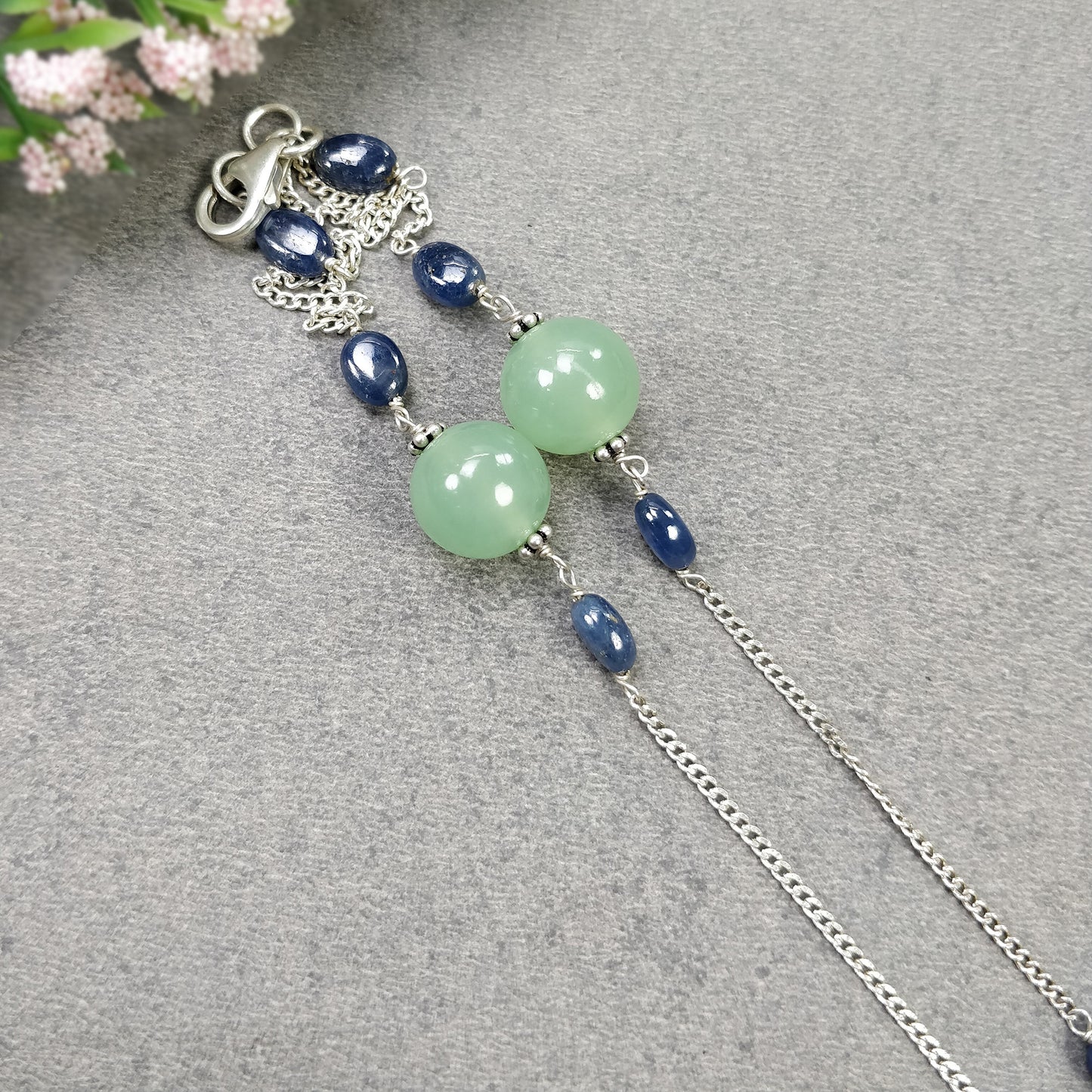 Green SERPENTINE & Blue SAPPHIRE Gemstones Beads Chain NECKLACE : 925 Sterling Silver Natural Round Cabochon 19" Statement Necklace