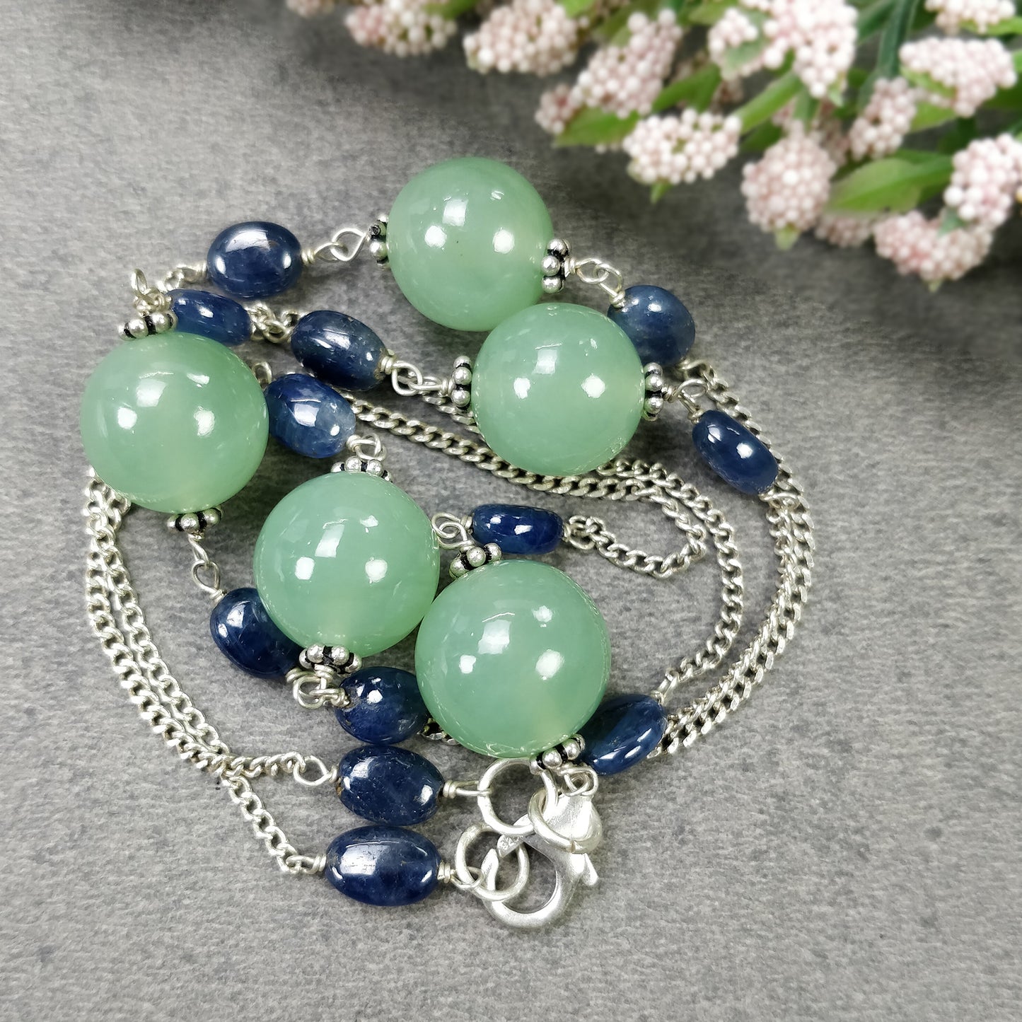 Green SERPENTINE & Blue SAPPHIRE Gemstones Beads Chain NECKLACE : 925 Sterling Silver Natural Round Cabochon 19" Statement Necklace