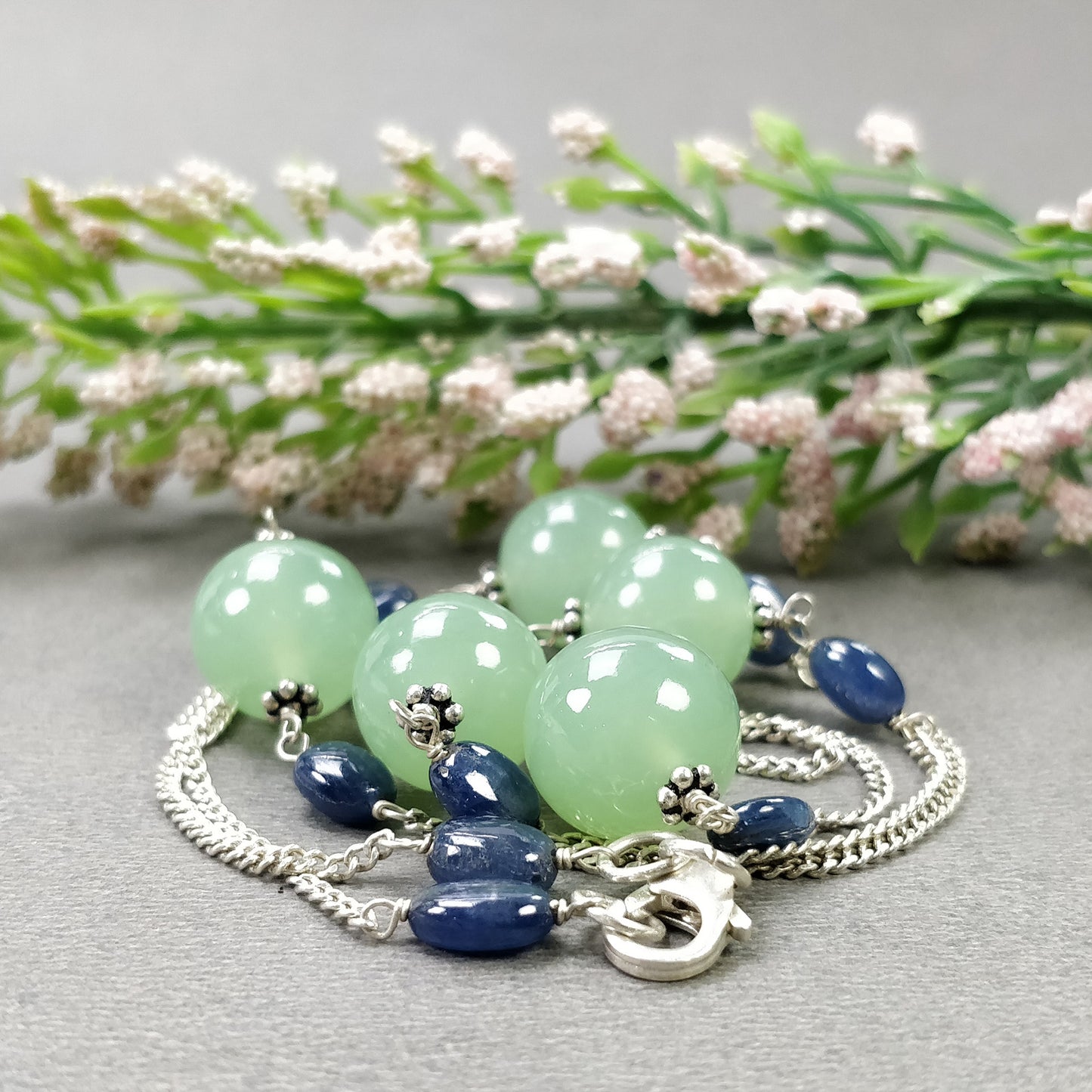 Green SERPENTINE & Blue SAPPHIRE Gemstones Beads Chain NECKLACE : 925 Sterling Silver Natural Round Cabochon 19" Statement Necklace