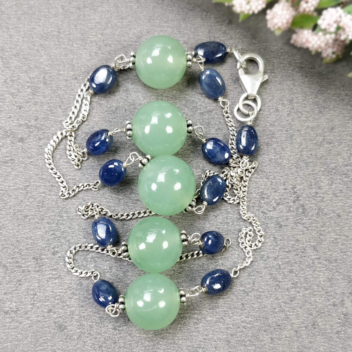 Green SERPENTINE & Blue SAPPHIRE Gemstones Beads Chain NECKLACE : 925 Sterling Silver Natural Round Cabochon 19" Statement Necklace