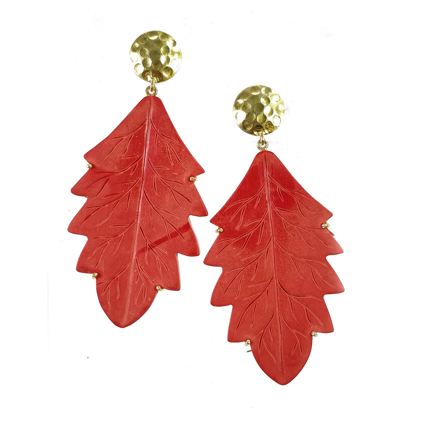 925 Sterling Silver Gold Plated Earring: Synthetic Hand Carved Red Maple Leaf Simulated Prong Set Dangle Push Back Earring