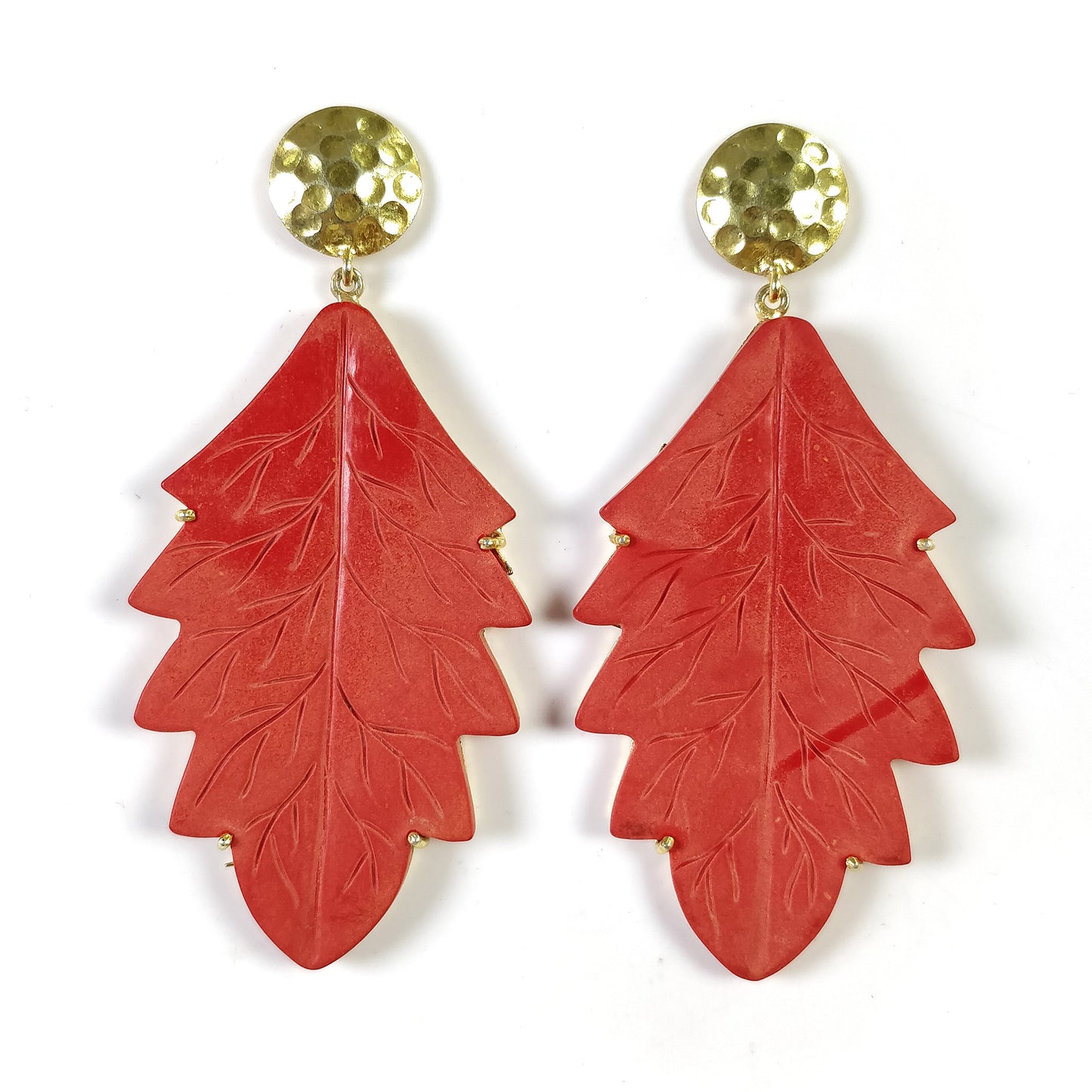 925 Sterling Silver Gold Plated Earring: Synthetic Hand Carved Red Maple Leaf Simulated Prong Set Dangle Push Back Earring