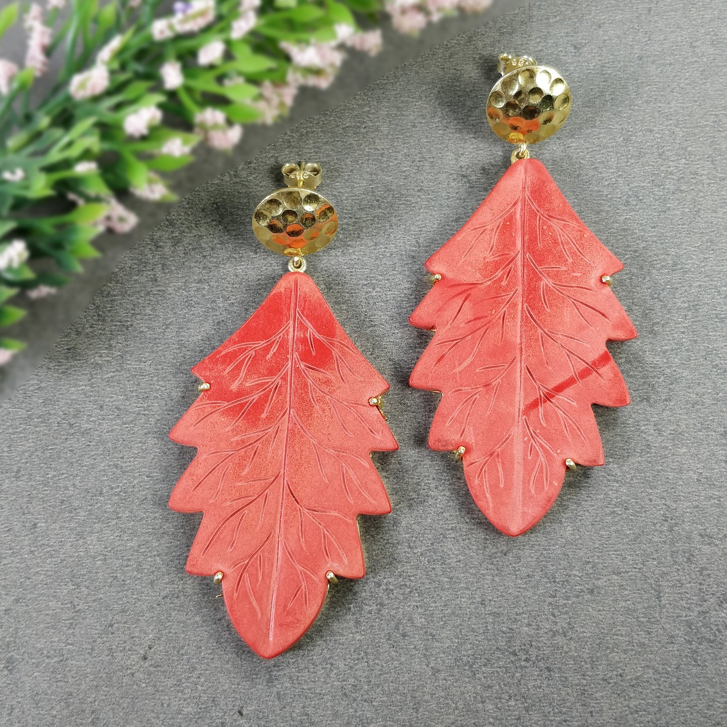925 Sterling Silver Gold Plated Earring: Synthetic Hand Carved Red Maple Leaf Simulated Prong Set Dangle Push Back Earring