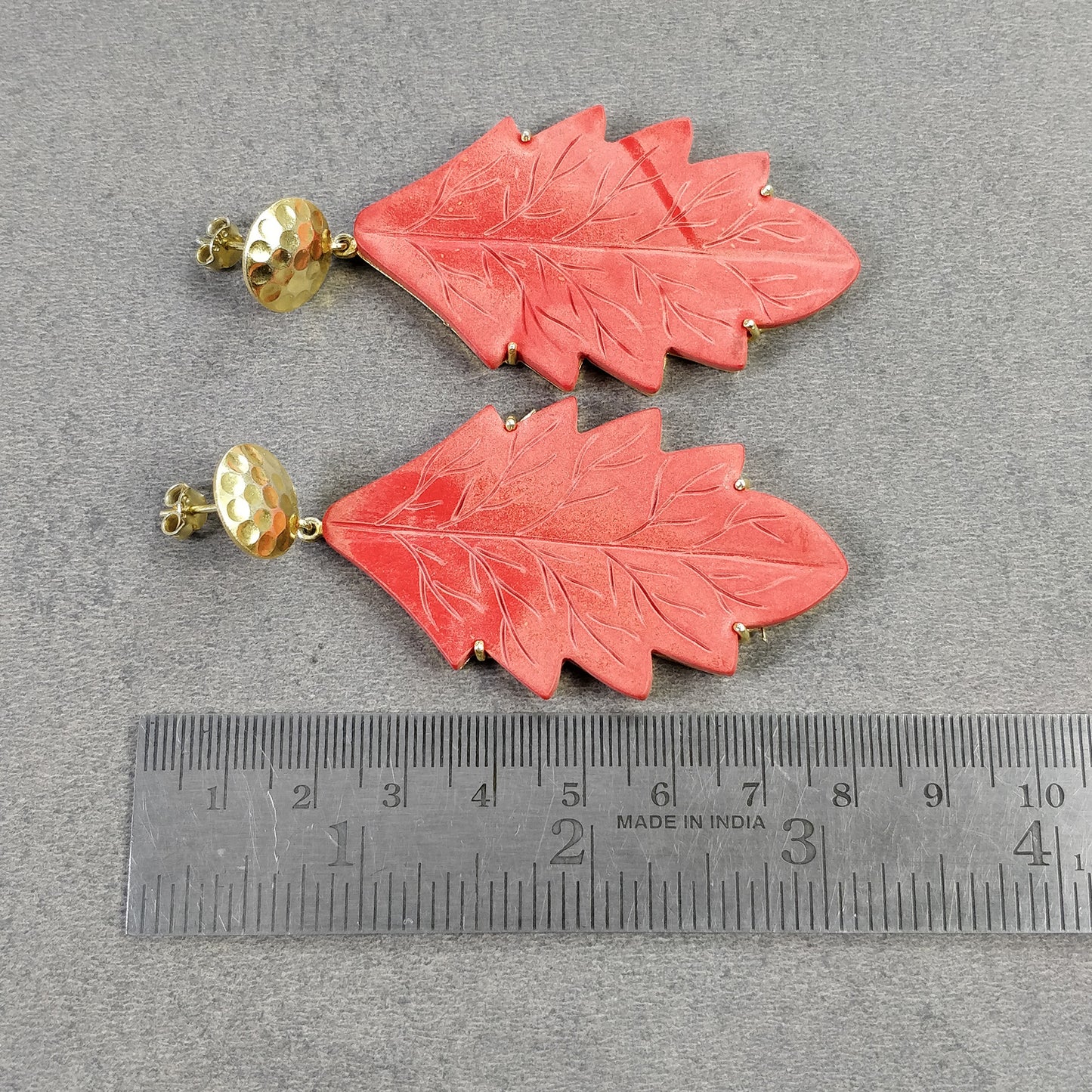 925 Sterling Silver Gold Plated Earring: Synthetic Hand Carved Red Maple Leaf Simulated Prong Set Dangle Push Back Earring