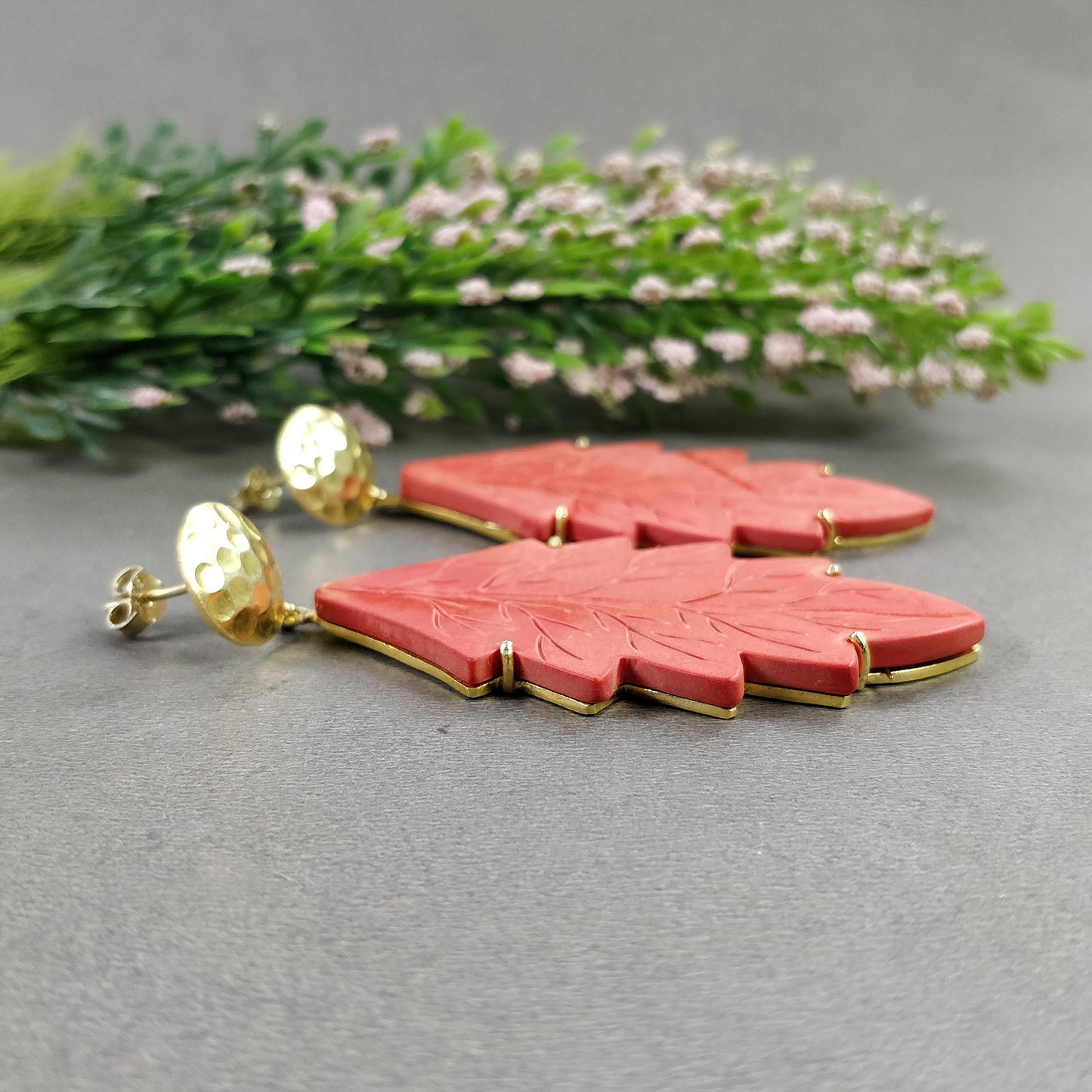 925 Sterling Silver Gold Plated Earring: Synthetic Hand Carved Red Maple Leaf Simulated Prong Set Dangle Push Back Earring