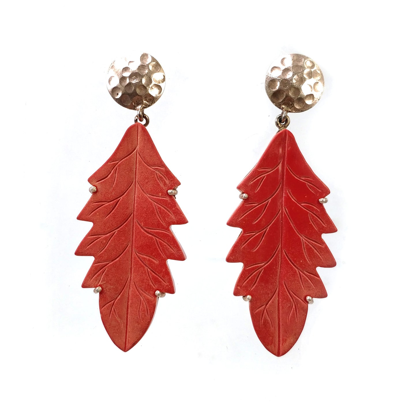925 Sterling Silver Gold Plated Earring: Synthetic Hand Carved Red Maple Leaf Simulated Prong Set Dangle Push Back Earring