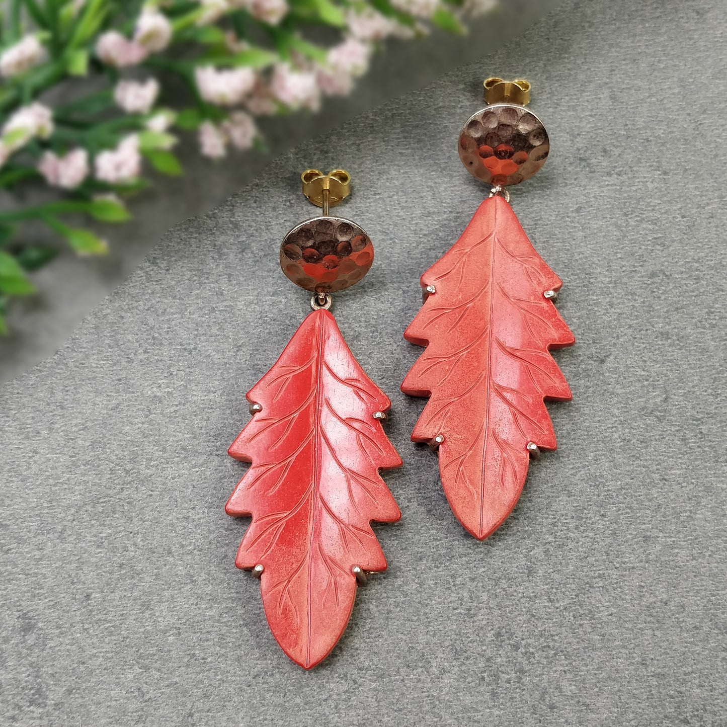 925 Sterling Silver Gold Plated Earring: Synthetic Hand Carved Red Maple Leaf Simulated Prong Set Dangle Push Back Earring