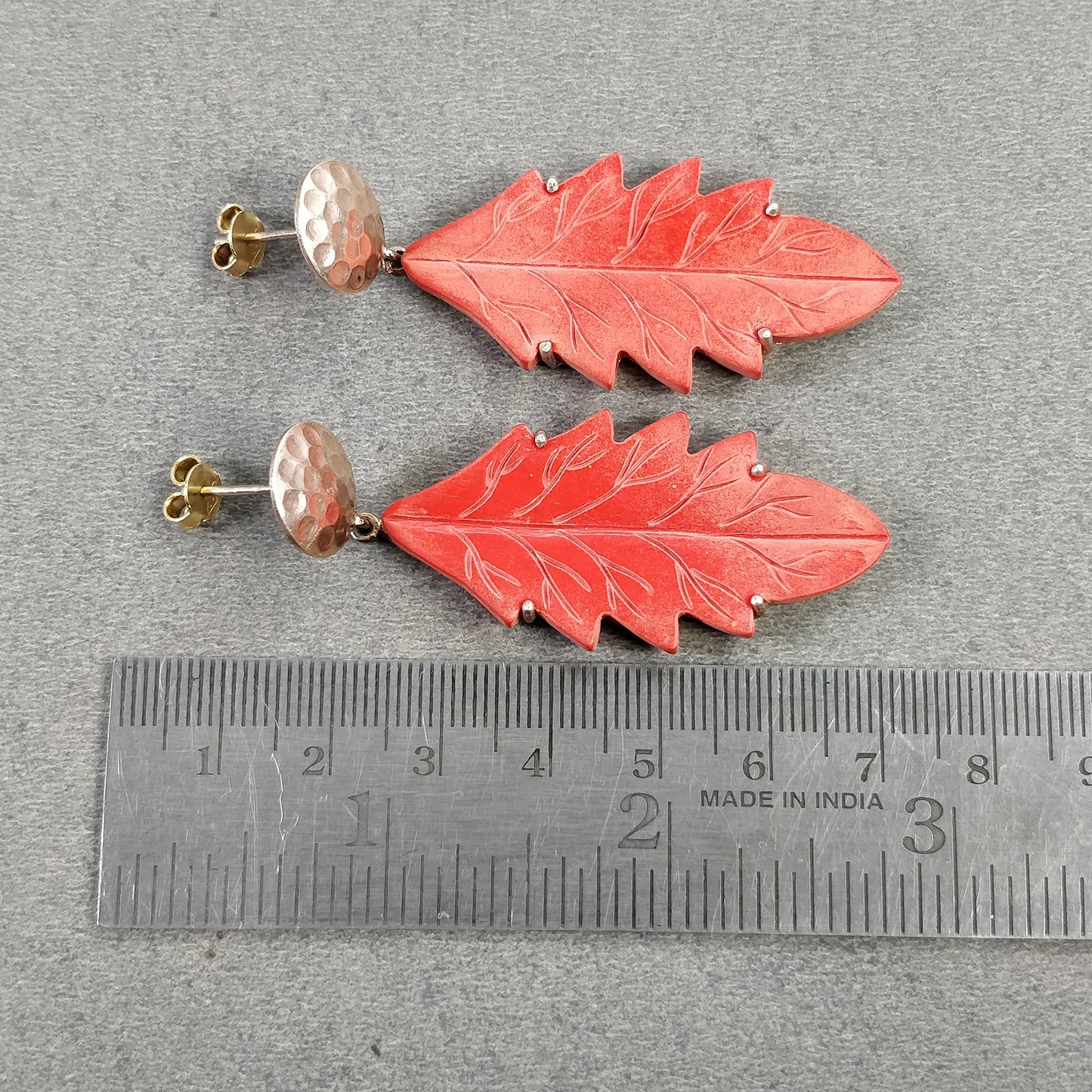 925 Sterling Silver Gold Plated Earring: Synthetic Hand Carved Red Maple Leaf Simulated Prong Set Dangle Push Back Earring