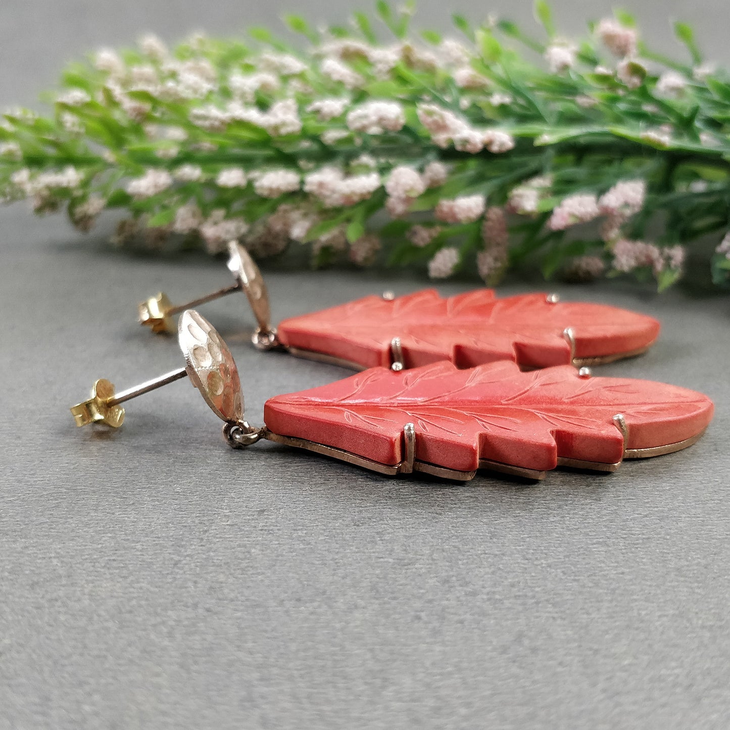 925 Sterling Silver Gold Plated Earring: Synthetic Hand Carved Red Maple Leaf Simulated Prong Set Dangle Push Back Earring