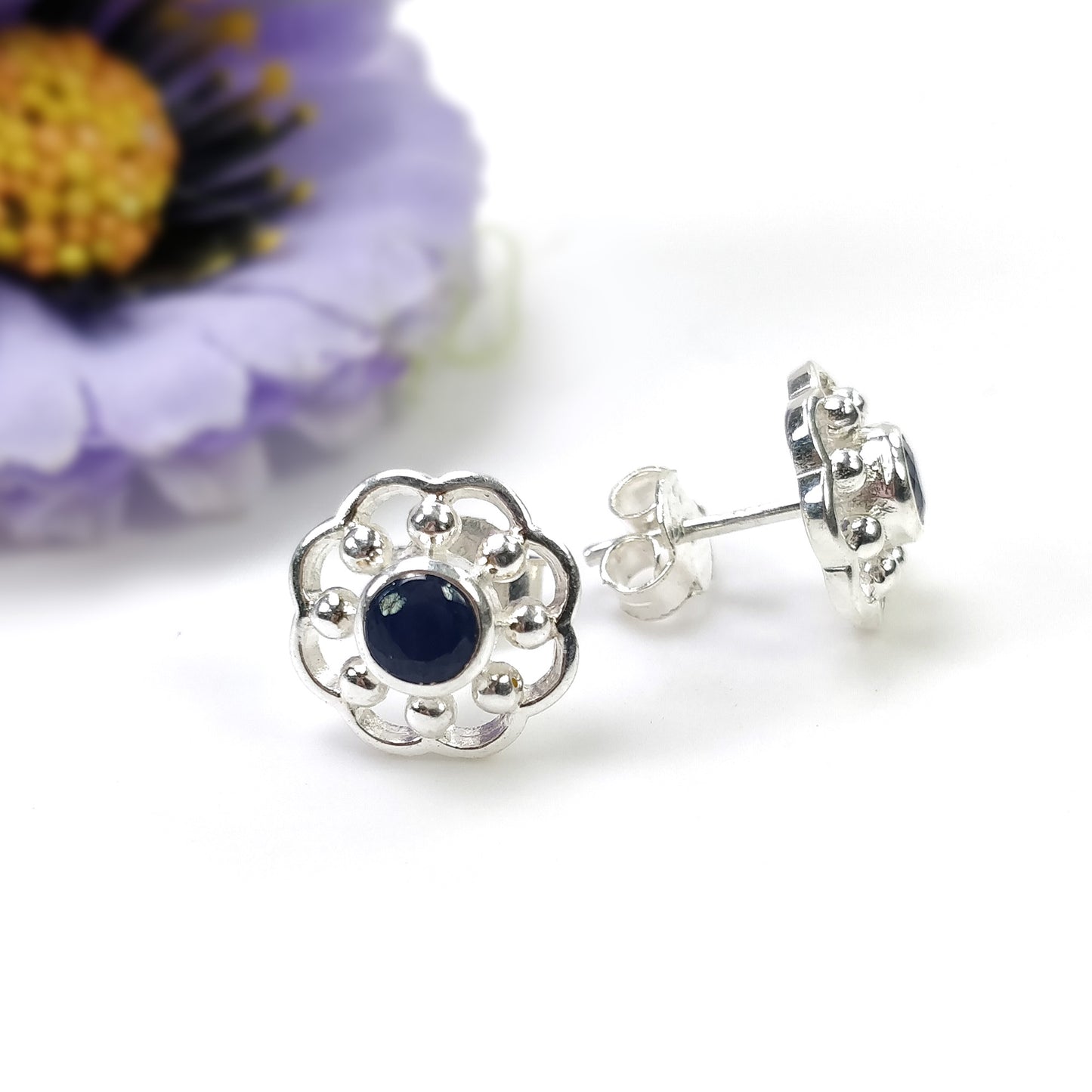 925 Sterling Silver Earring : 2.50gms Natural Untreated Blue SAPPHIRE Gemstone Round Bezel Set Push Back Stud Earrings 0.5"