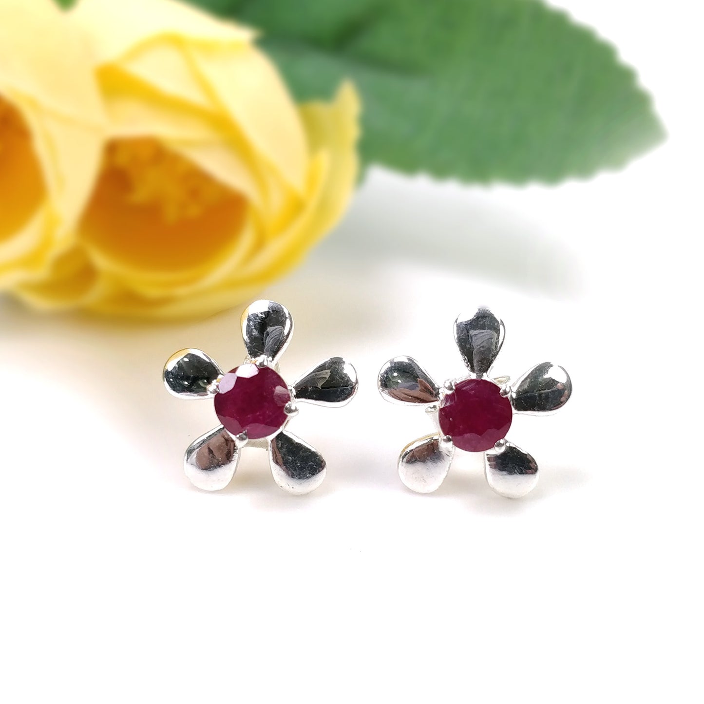 RUBY Gemstone 925 Sterling Silver Earrings : Natural Glass Filled Prong Set Silver & Yellow Gold Plated Push Back Floral Stud Earrings 0.5"